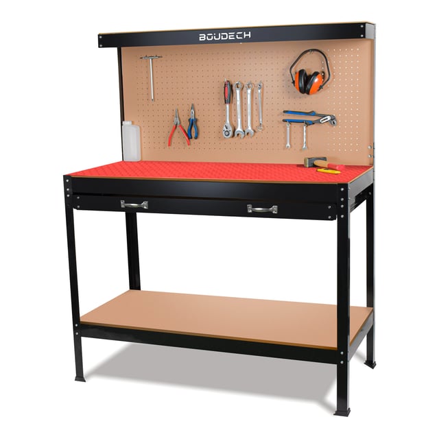 Banco de ferramentas metálico com parede e gavetas para oficina 120x60cm + 2 gavetas e 2 prateleiras para ferramentas + tapete