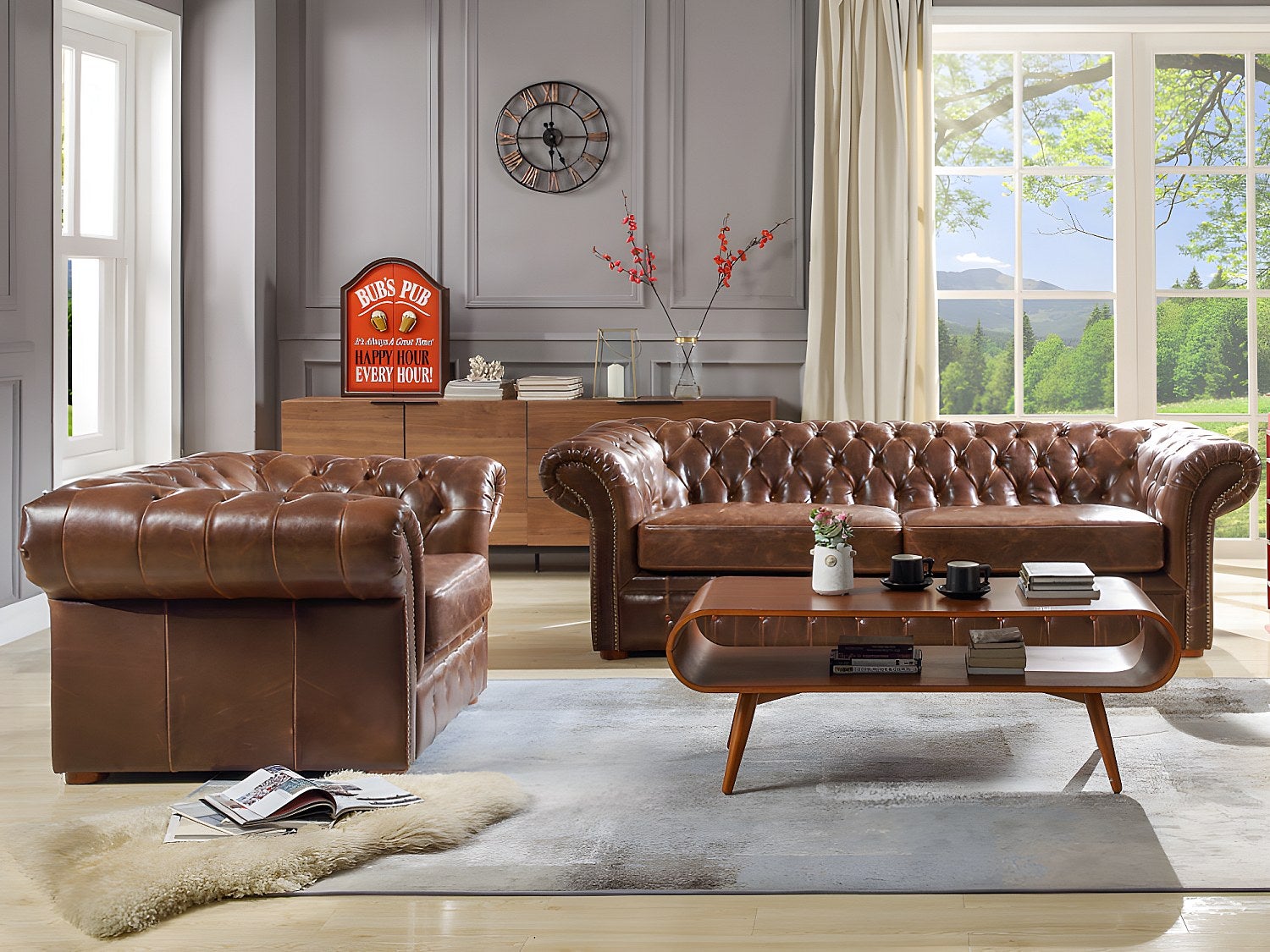 Kanapa i fotel typu chesterfield z postarzanej skóry CLOTAIRE