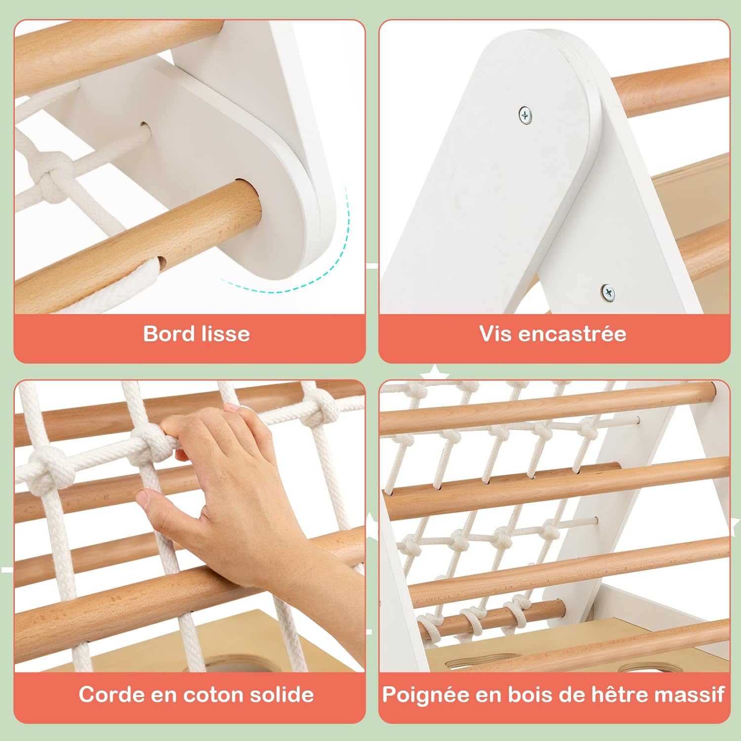 2 en 1 Triangle d'escalade Montessori Enfant avec Toboggan, Echelle d’Escalade en Bois Hauteur Réglable, Charge 50kg pour Enfants, Blanc - 5