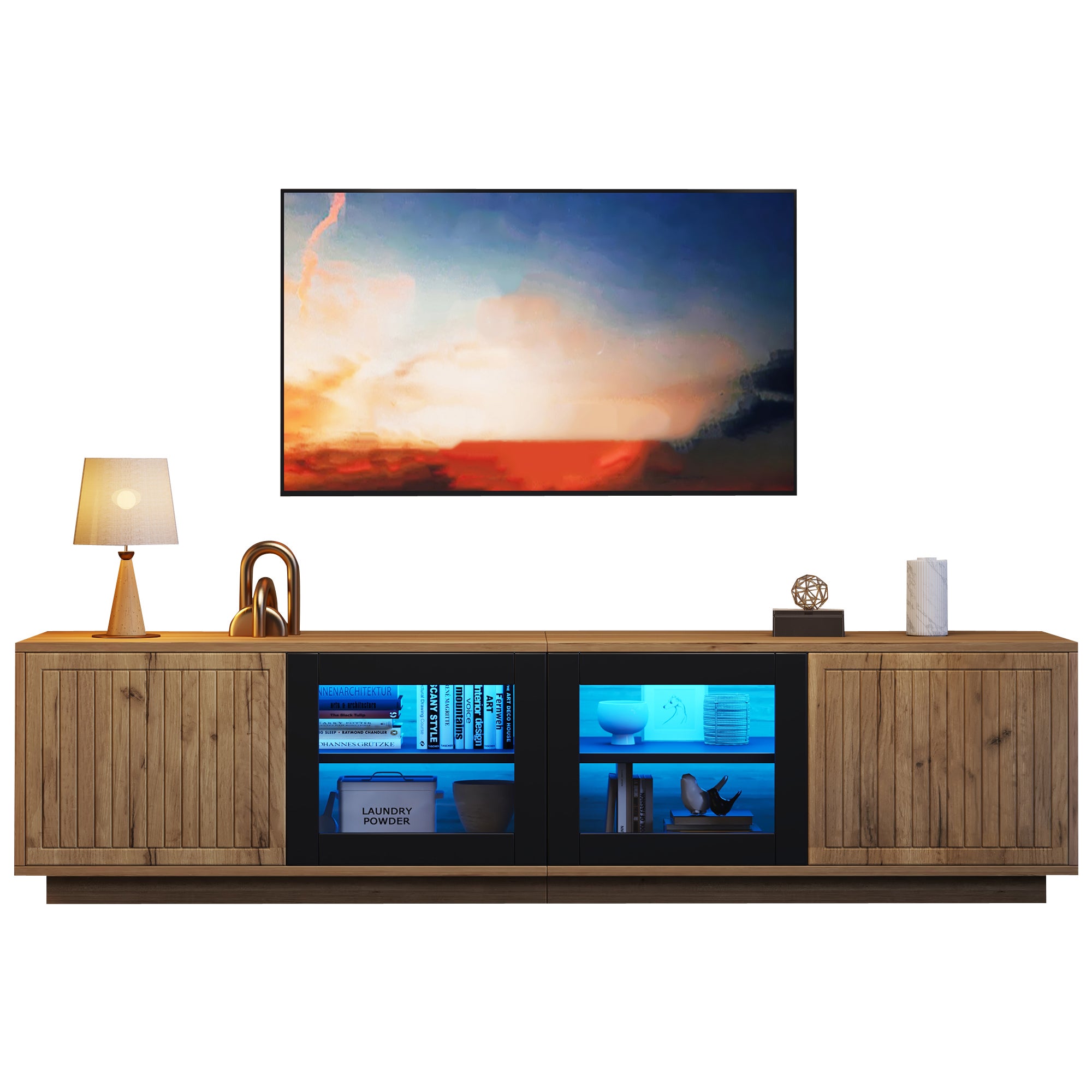 Stolik pod TV 180x40x45 cm - z oświetleniem LED - 4 drzwi - Panel szklany - Płyta wiórowa - Kolor naturalny + czarny - 7