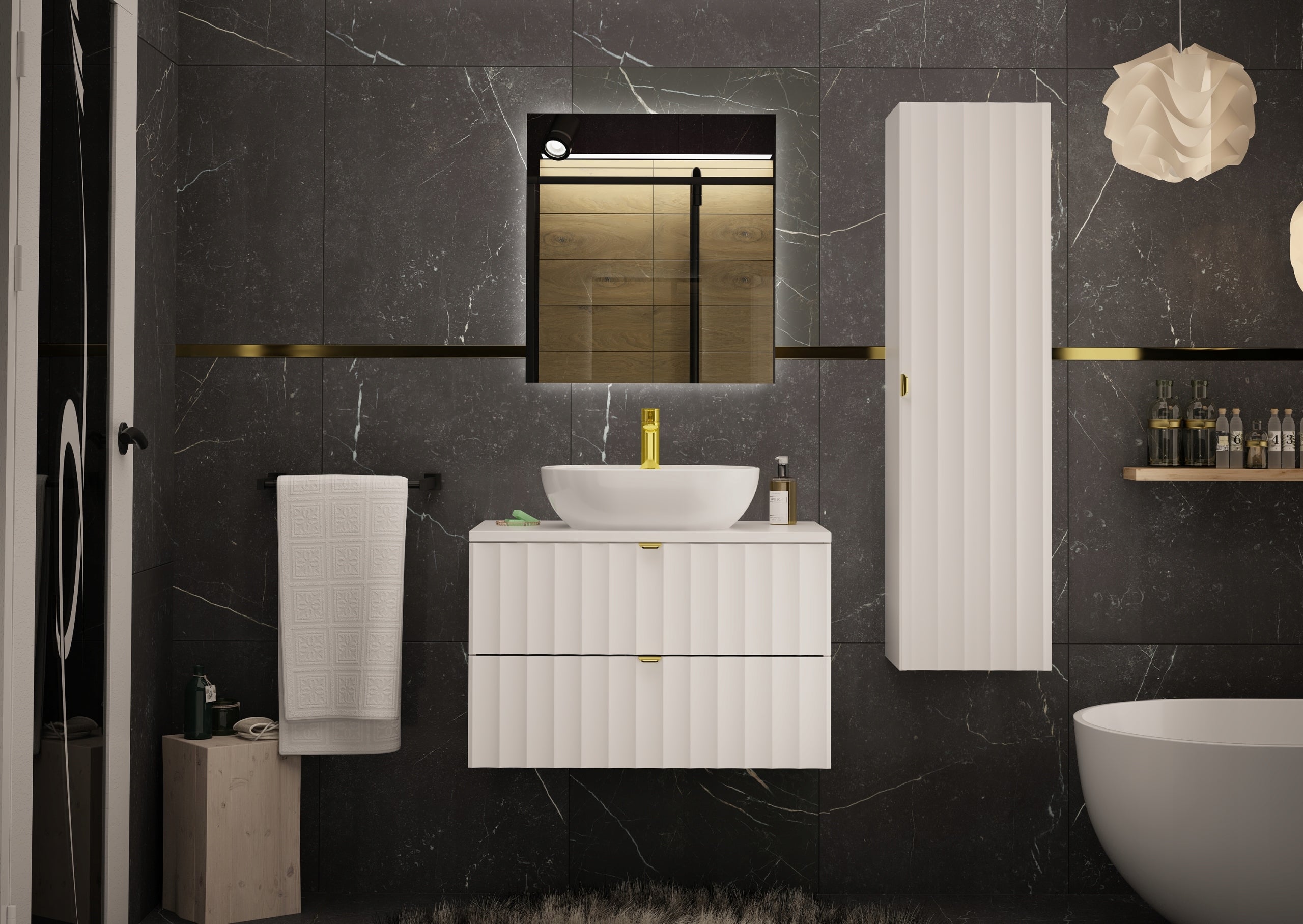 Szafka łazienkowa ARCOS 80 cm biała ryflowana wisząca złoty uchwyt - 8