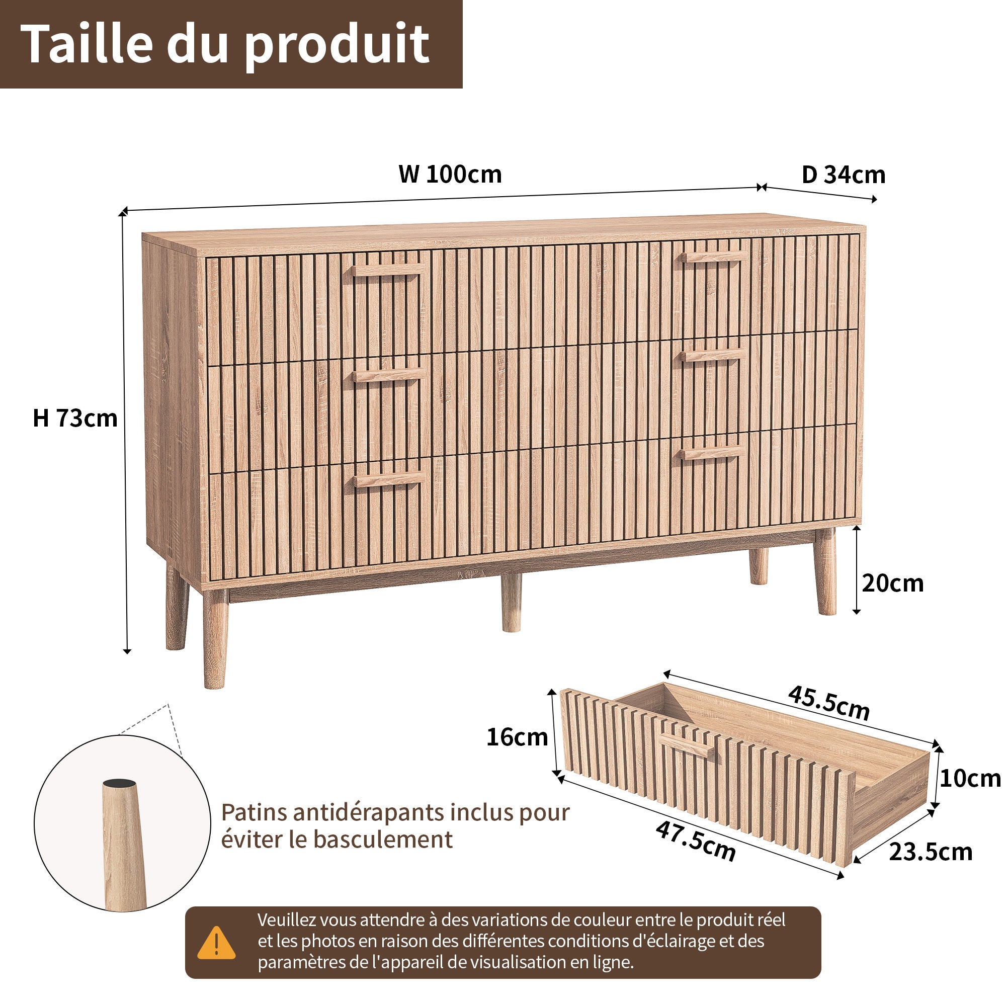 Commode à 6 tiroirs - armoire 100x34x73cm - conception de modèle vertical - nombreux rangements - couleur du bois - 4