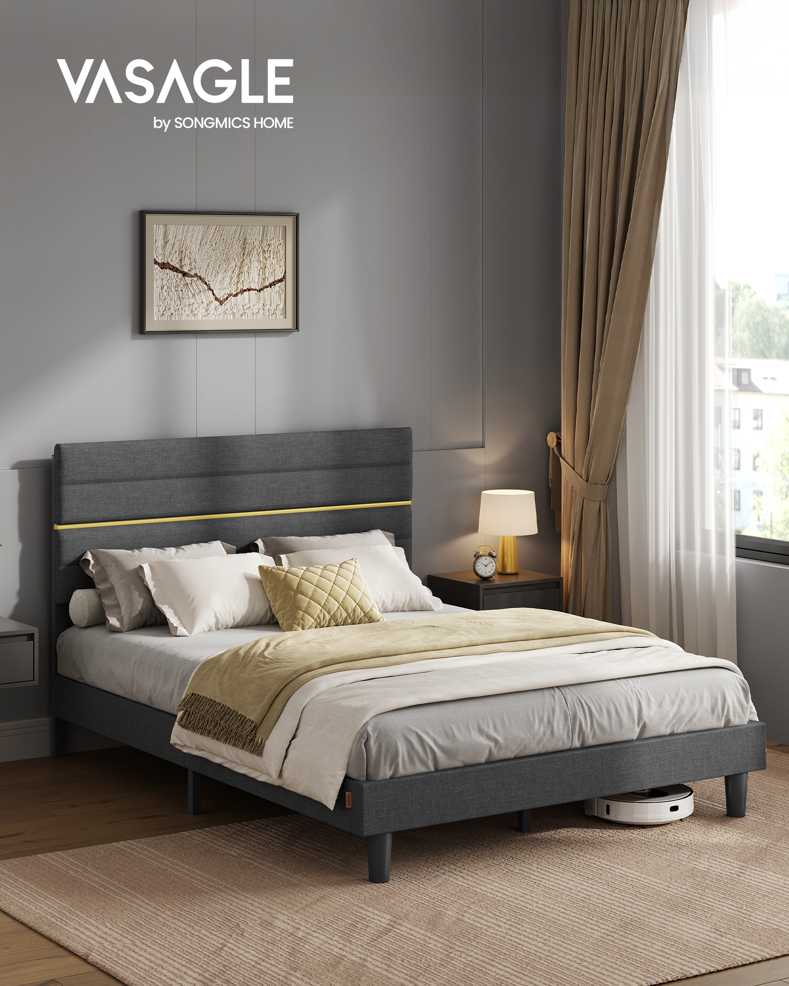 Letto Matrimoniale LIKIMIO XL Con Testiera Imbottita E Portaoggetti - Inclusa Presa USB, Grigio Scuro
