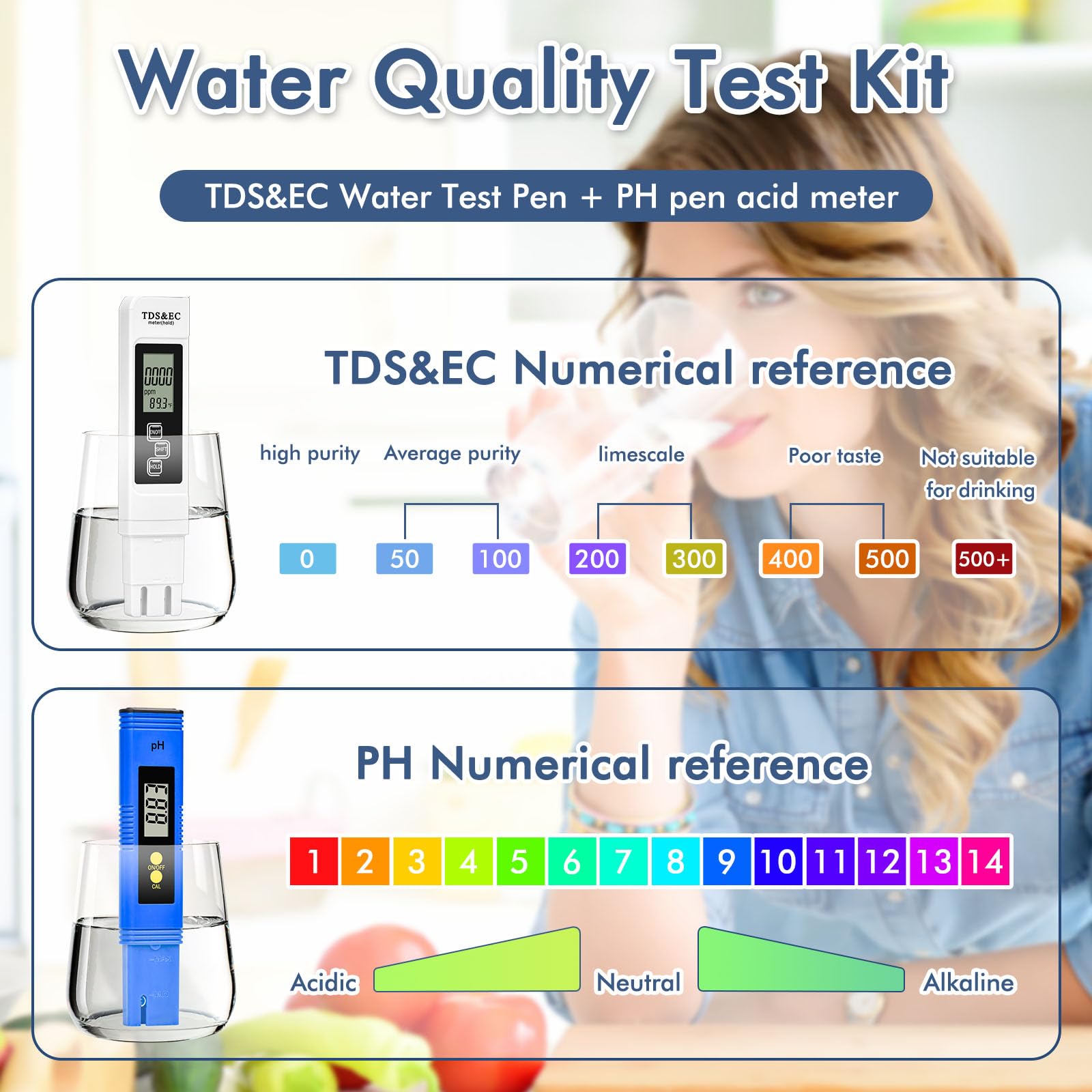 Testeur PH Piscine PH TDS&EC Mètre Température 4 en 1, Testeur pH Mètre Électronique, Testeur de qualité de l'eau pour Test Eau Piscines Piscine - 3