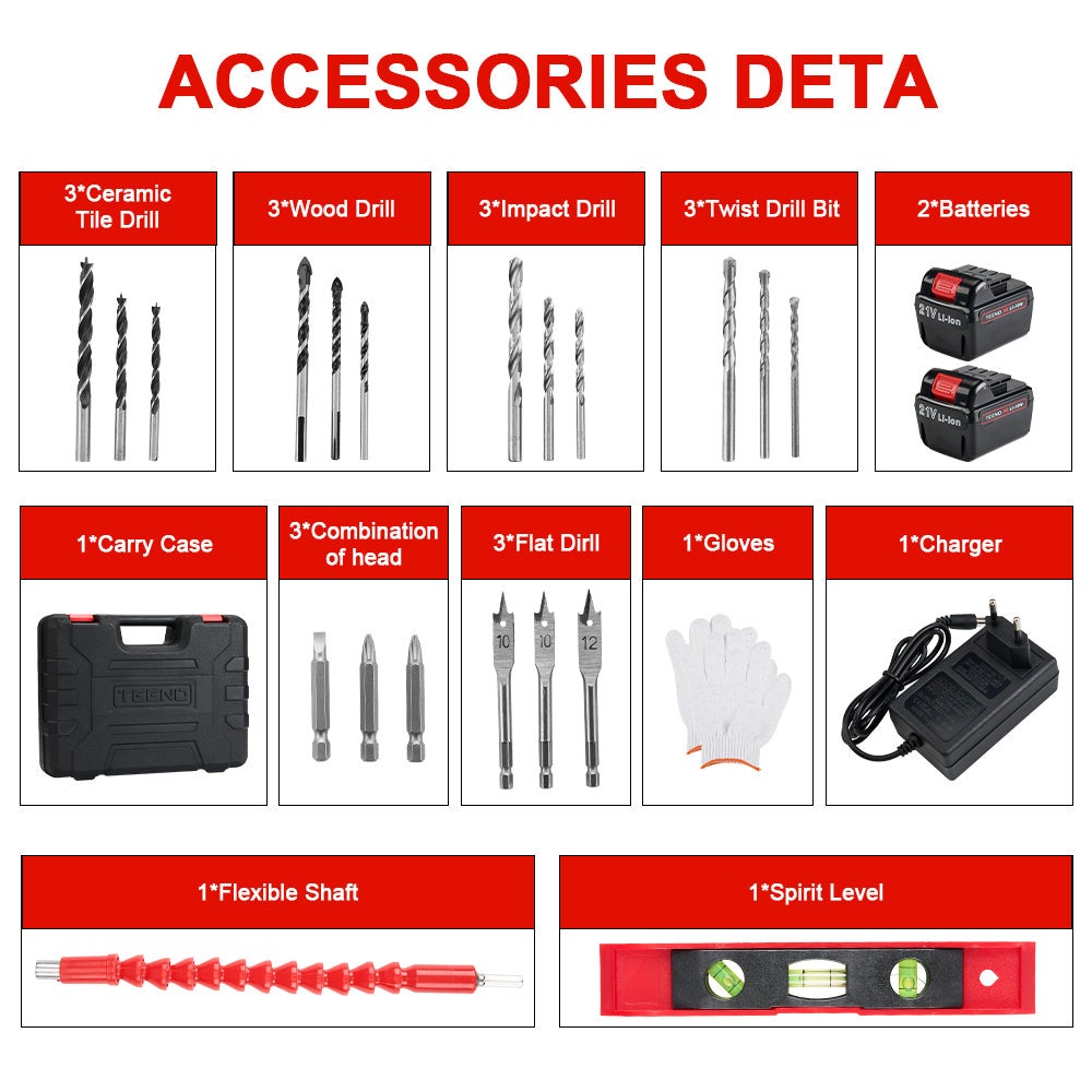 TEENO Perceuse visseuse a percussion sans fil PSR 21V, 2 Vitesses, 2 batteries lithium avec 20 accessoires - 2