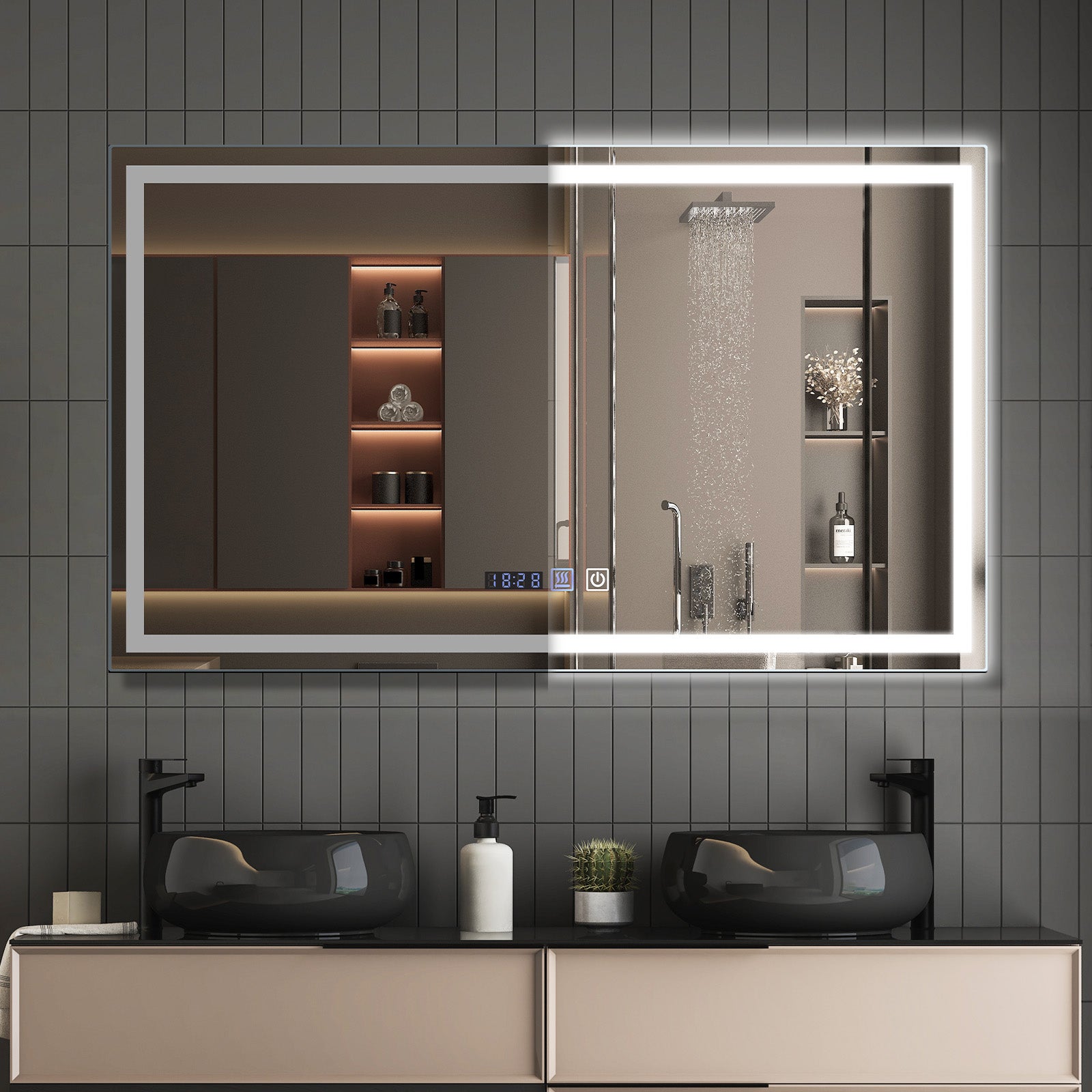 NETTLIFE Lustro łazienkowe podświetlane 100x60 cm LED, IP44 przełącznik dotykowy zegar z funkcją odmgławiania regulowane