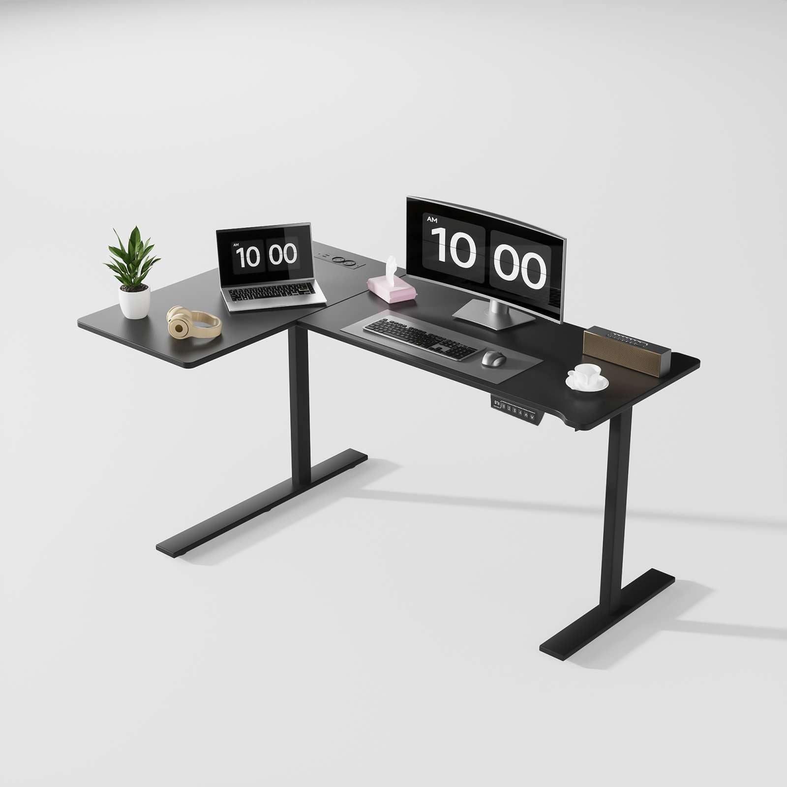 Biurko w kształcie litery L z gniazdkami elektrycznymi,biurko narożne z elektryczną regulacją wysokości i podstawą pod monitor,ergonomiczne biurko do