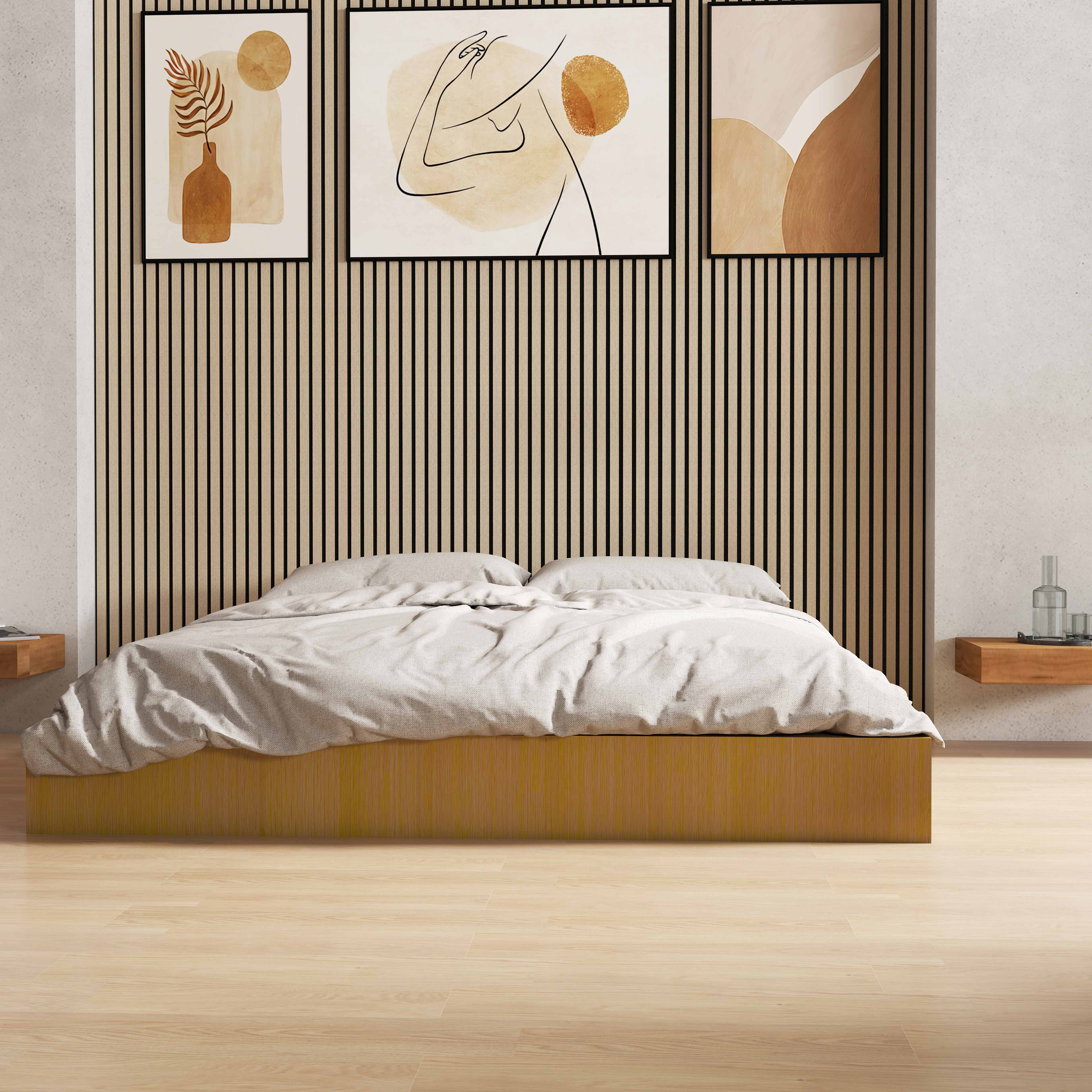 Lot de 3 panneaux muraux acoustiques décoratifs en bois MDF 240 x 60 cm, finition chêne clair, excellente isolation acoustique, installation simple - 2