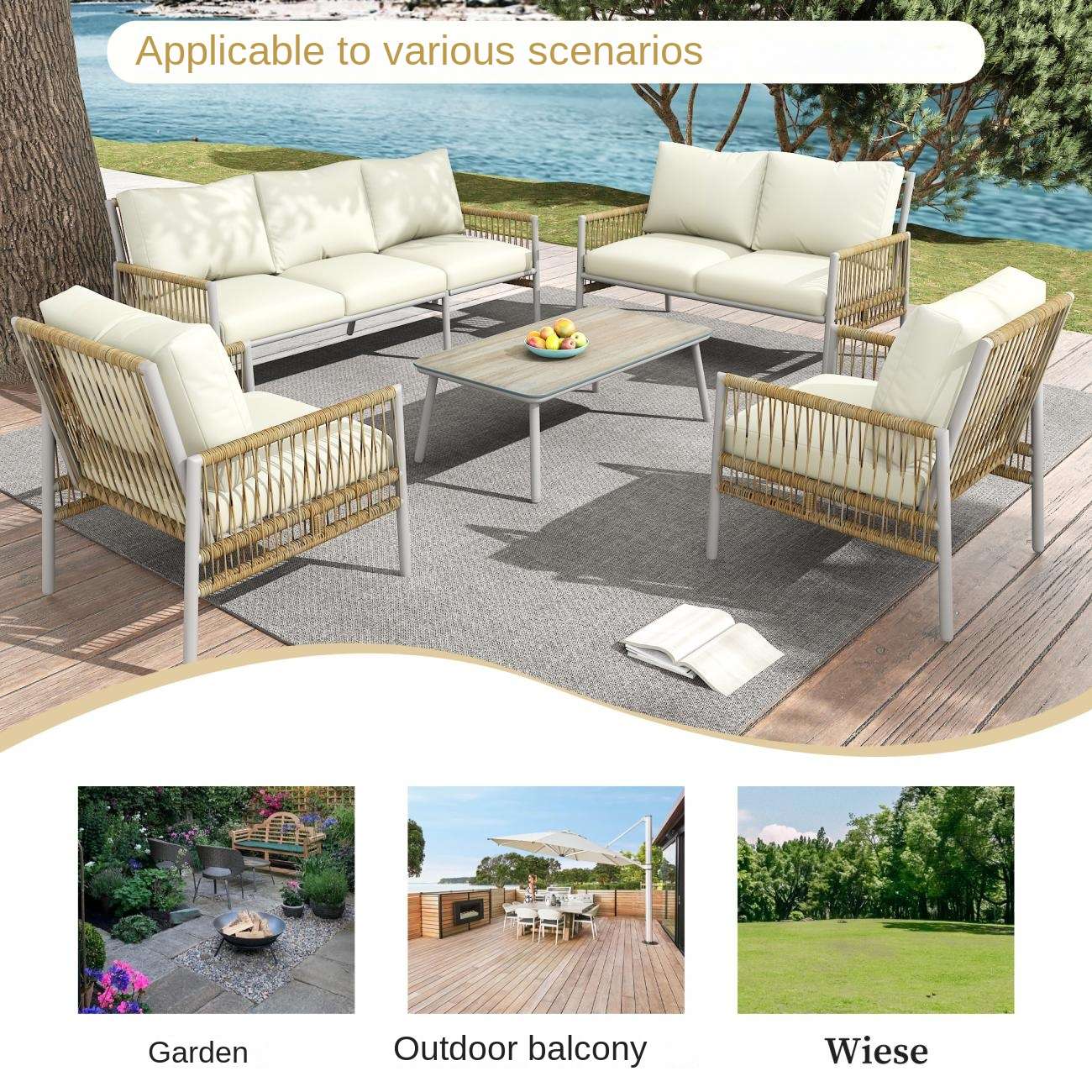 Ensemble de Jardin 7 Places avec Canapé, Table Basse en Verre Trempé, PE-Rattan et Structure Acier Zincé, Coussins Amovibles et Lavables - 5