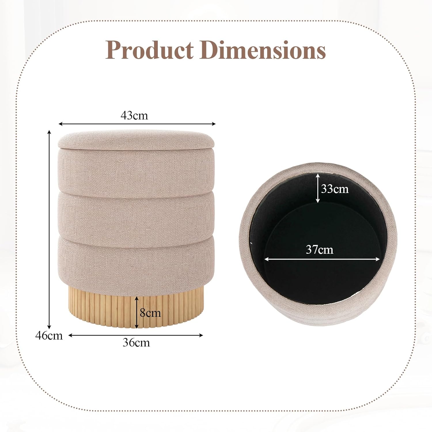 Pouf de rangement tapissé, tabouret de coiffeuse avec couvercle, base en bois de pin, charge de 150 kg, ottoman pour chambre, salon, φ43 x 46 cm - 3