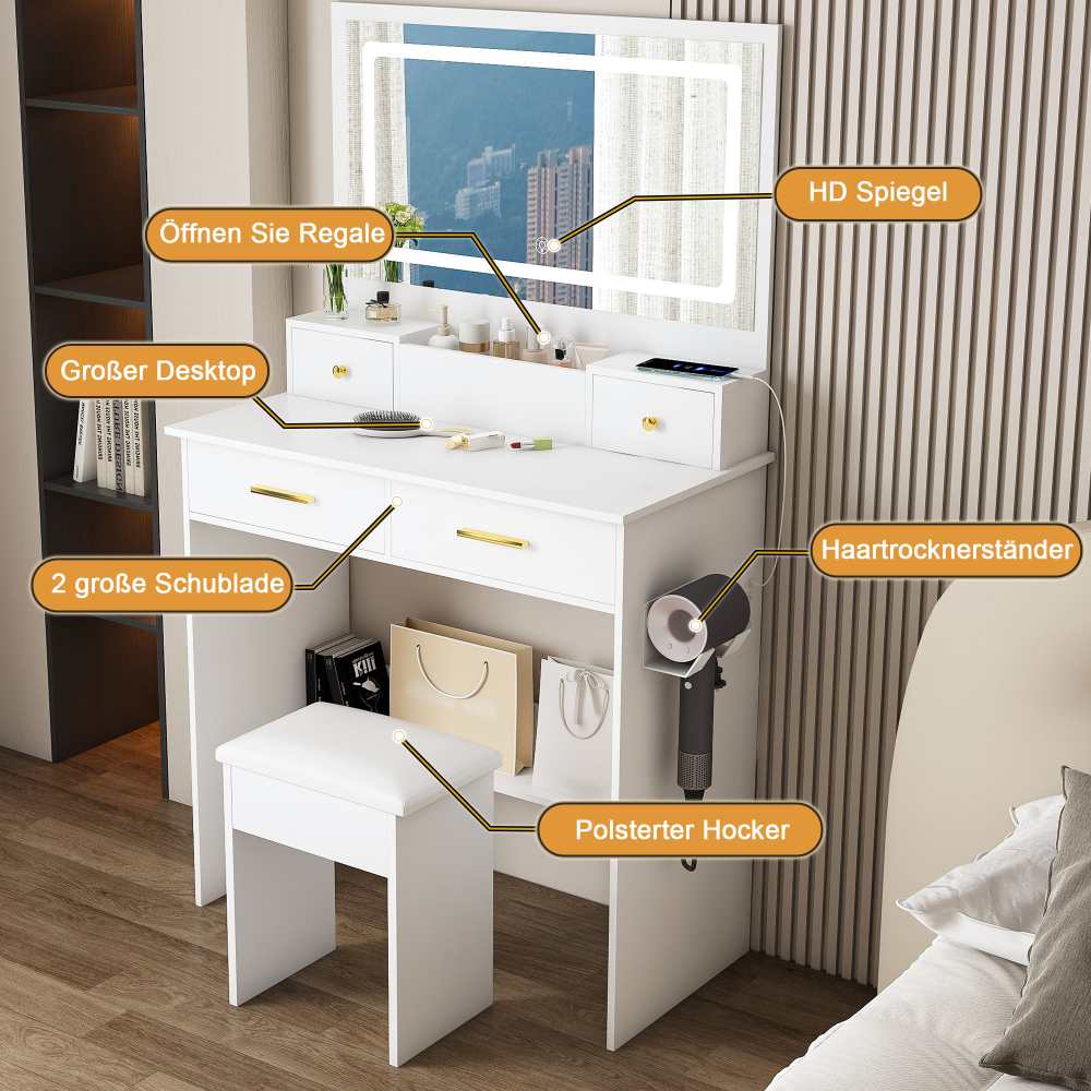 Toeletta con Specchio XXL 75x48 cm, 4 Cassetti, LED Dimmerabile 3 Colori, Sgabello e Supporto Phon - 5