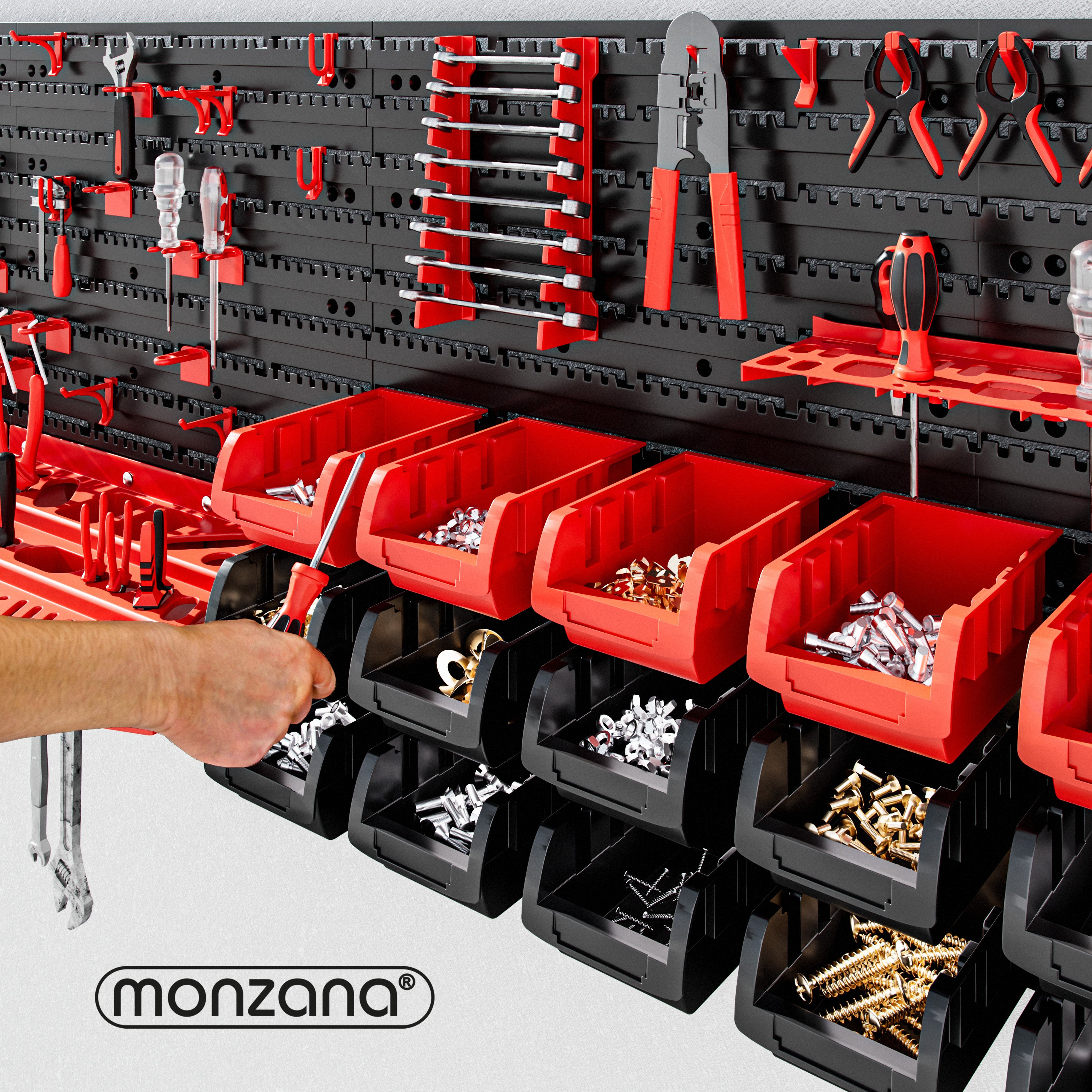 MONZANA® Panneaux muraux pour outils avec 68 supports et 28 boites de rangement empilables porte-outils bricolage atelier - 5