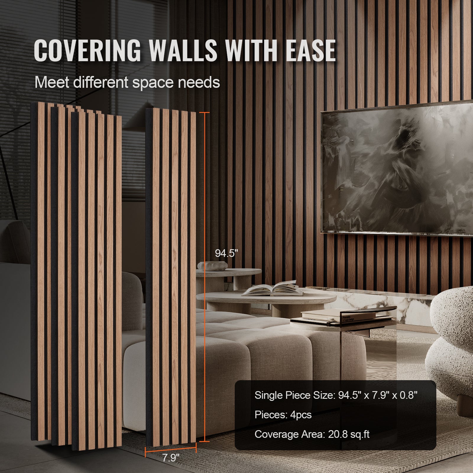 Panneaux Acoustiques en Bois,VEVOR 2400 x 200 mm,Lamelles MDF pour Mur Intérieur Moderne,Panneaux Faux Bois pour Décoration & Réduction du Bruit - 6