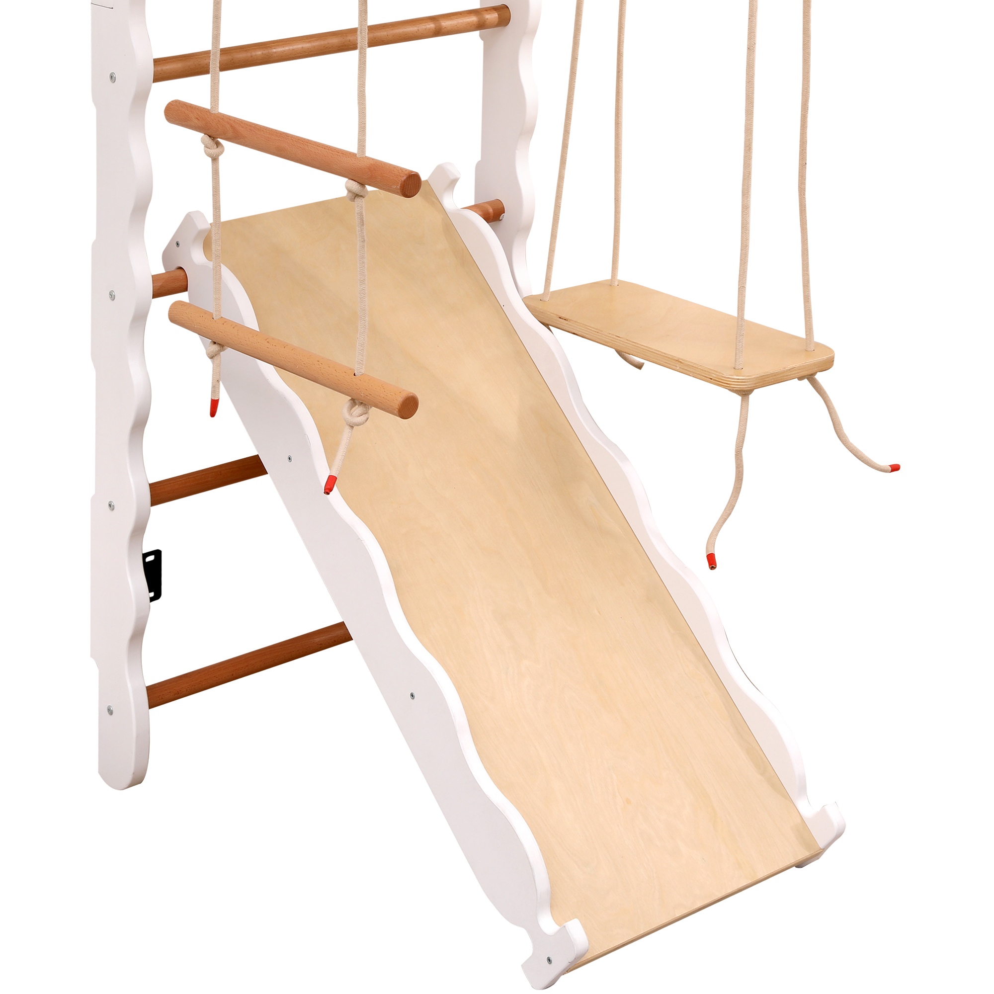 Structure de jeu 6 en 1 - Rutsche, Schaukel, Krabbelleiter, Klettergerüst, Klimmzugsbereich, Ringe - Bois de hêtre - 7