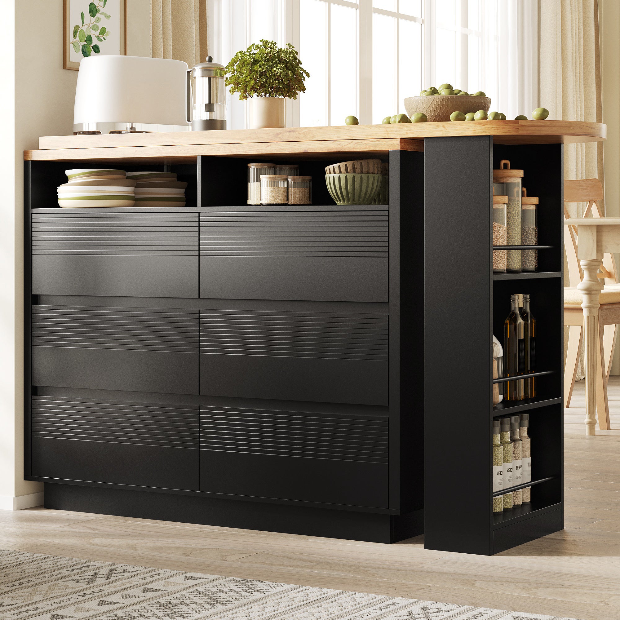 Meuble de bar de cuisine extensible - et rotation à 360° - 215x39x102cm - 6 tiroirs - table bistro - avec étagères latérales - Noir - 4