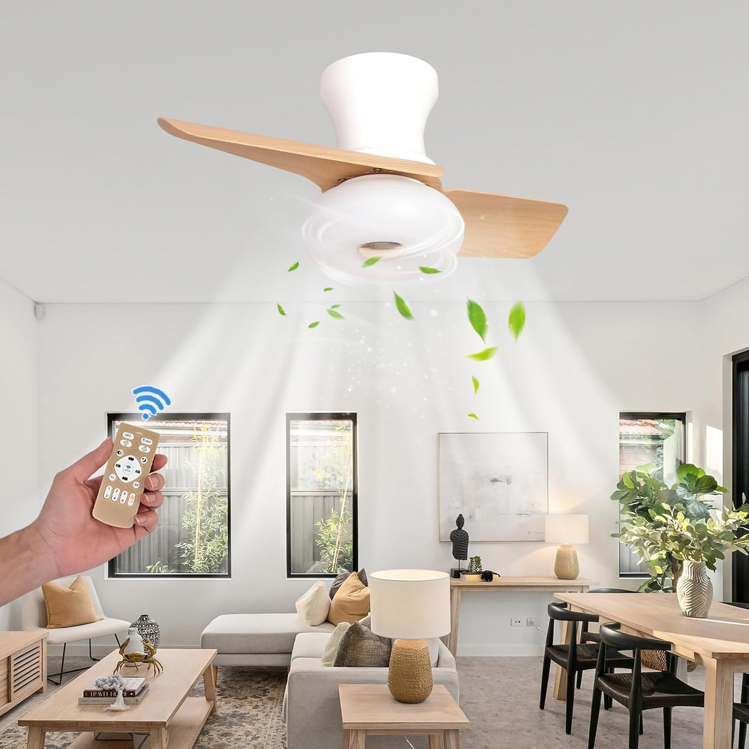Ventilateur Plafond Avec LED Dimmable - Télécommande/appli, Silencieux, Bois Clair
