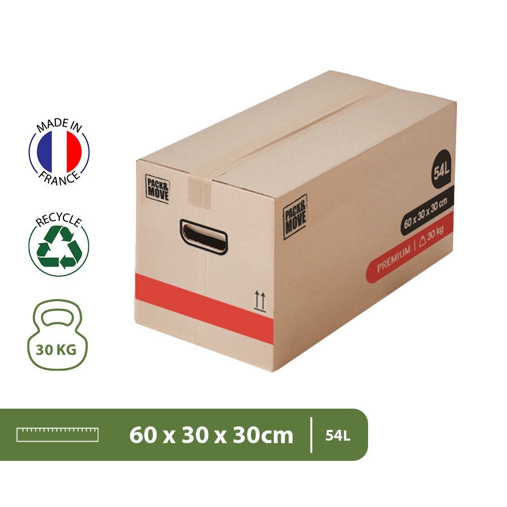Pack and Move- Lot 20 Cartons Déménagement Premium - 60 X 30 X 30 Cm - Extrême Résistance 30KG - Réutilisable - Poignées Renforcées - 1 Adhésif Offert - 2