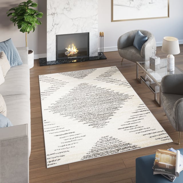 TAPISO Delhi Tapis Salon Chambre Ado Crème Anthracite Losanges Rayures Shaggy Super Doux Poils Longs 60 x 100 cm