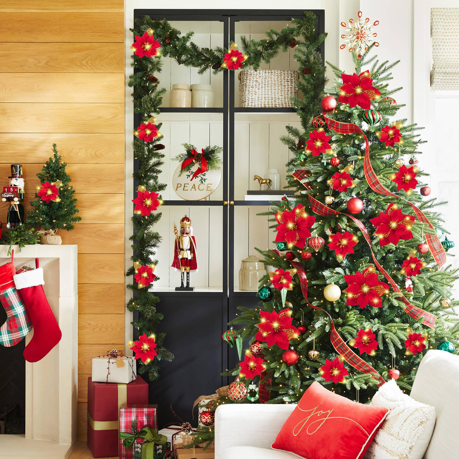 Lot de 32 décorations de Noël, fleurs artificielles scintillantes avec clips, décorations pour sapin de Noël, pendentifs de fleurs artificielles - 2