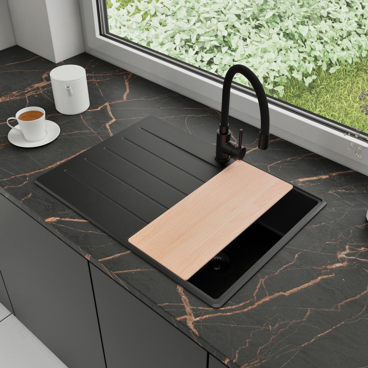 Zlewozmywak Granitowy 70x50cm, do szafki od 40cm + Bateria + Syfon + Deska - Ametyst Cały Czarny STONESTYLE