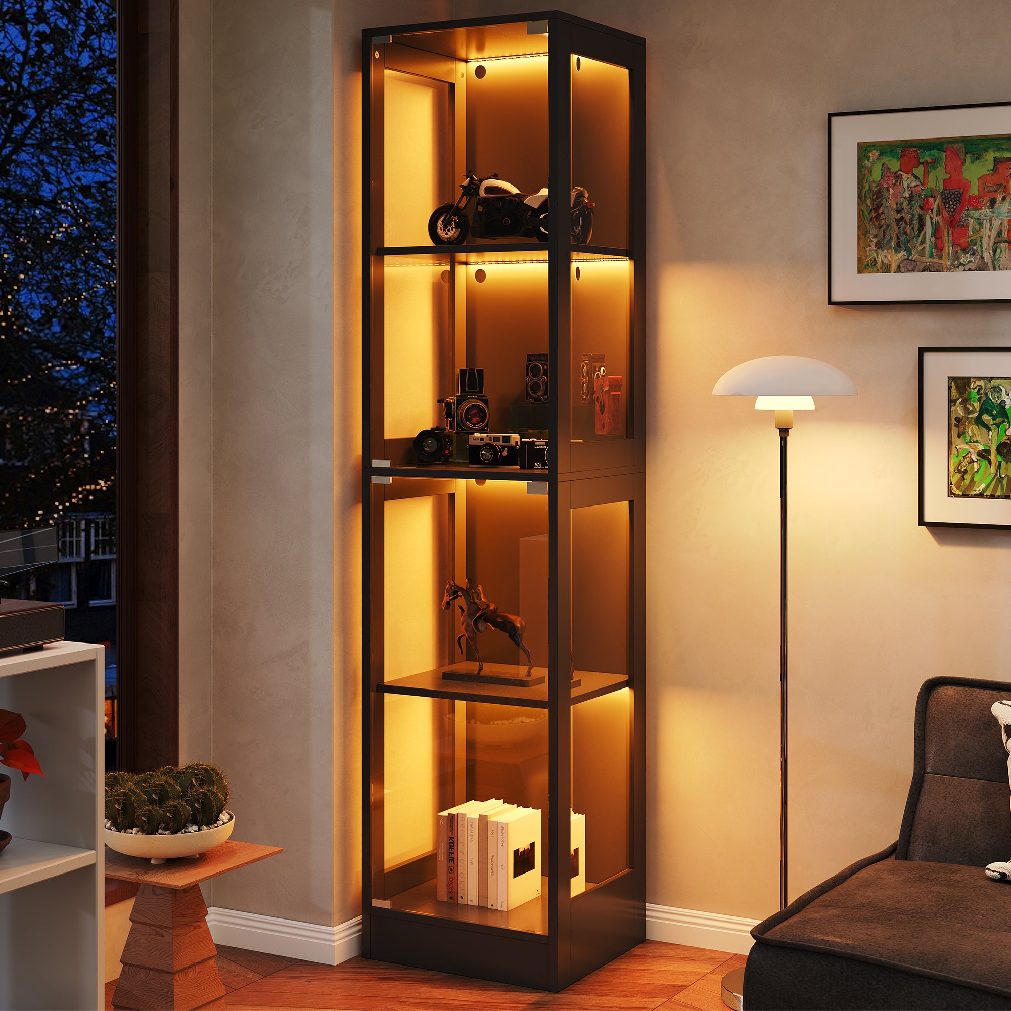 Witryna z 2 drzwiami - 40 x 35 x 170 cm - MDF i szkło - LED sterowane za pomocą aplikacji - Czarna - 2