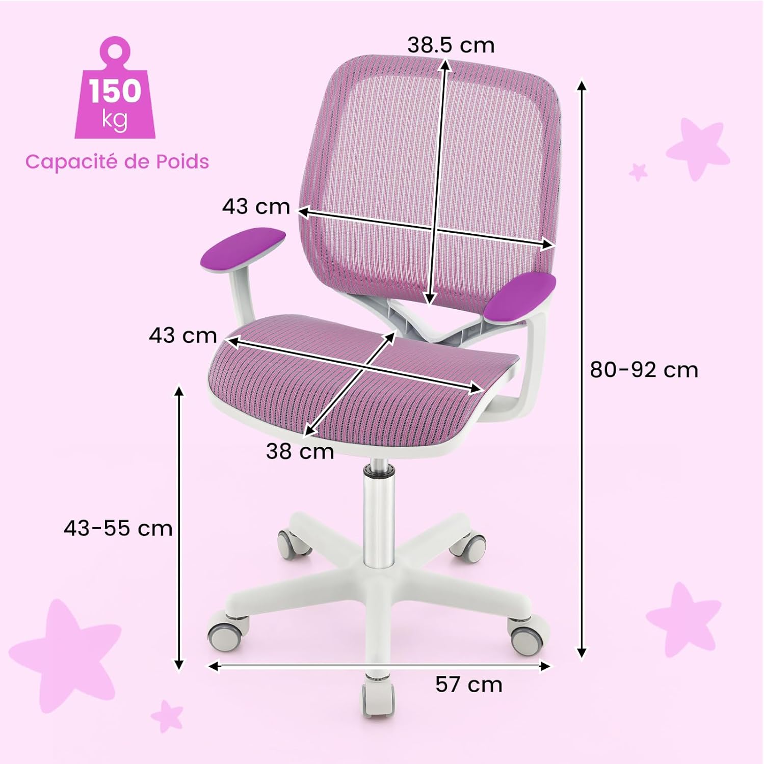 Silla de Escritorio para Niños, Silla Infantil Giratoria para Computadora con Altura Ajustable, Ruedas con Freno, Reposabrazos Lisos, Silla Er - 3