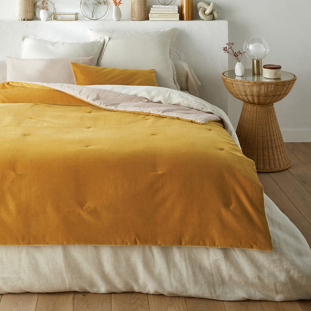 Edredon matelassé velours coton lin uni, Velvet - Jaune bronze - 90 x 190 cm