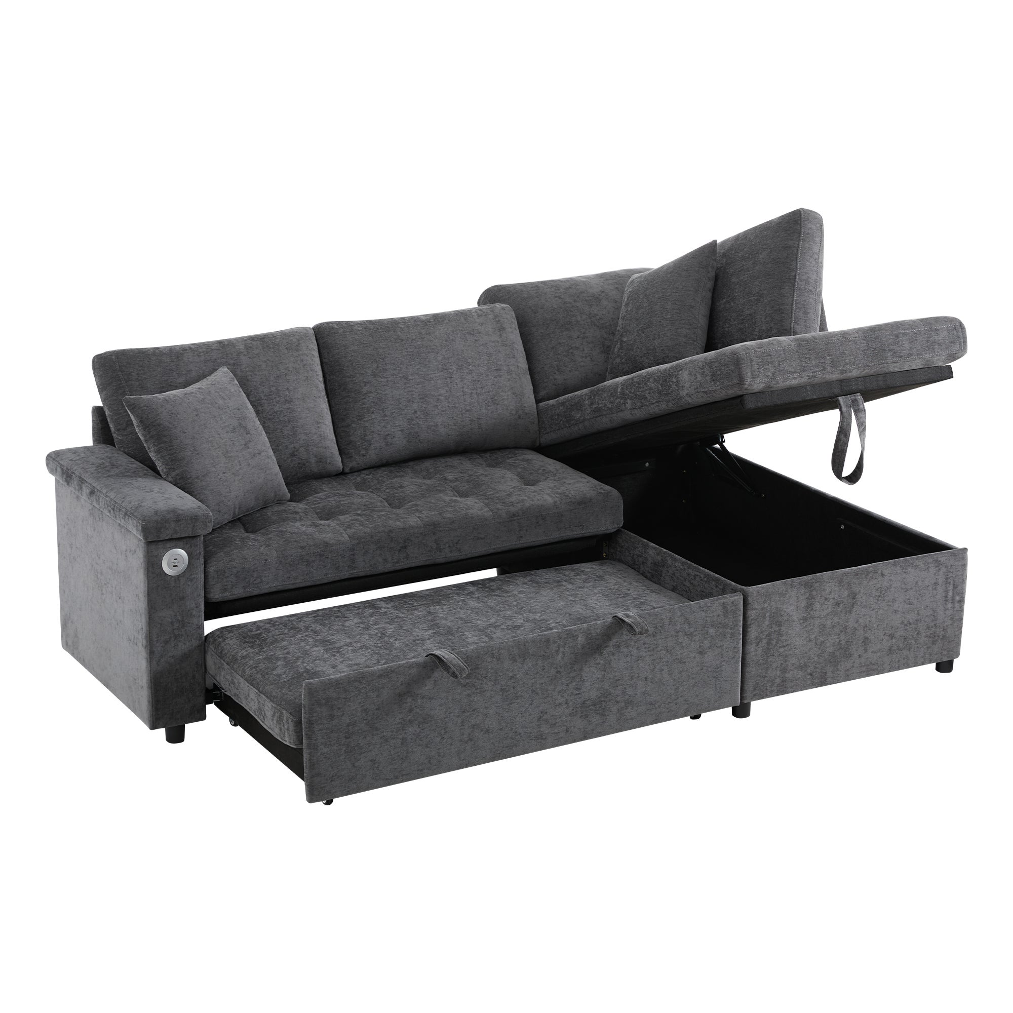 Sofa w kształcie litery L z wysuwanym łóżkiem - ze schowkiem - ładowanie USB - 2 poduszki - szara - 9