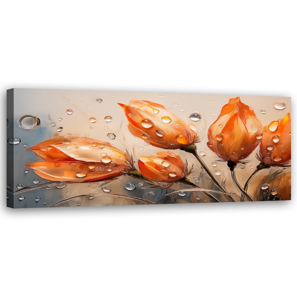 Obraz na płótnie, Tulipany Kwiaty Pomarańczowe Krople Rosy 90x30