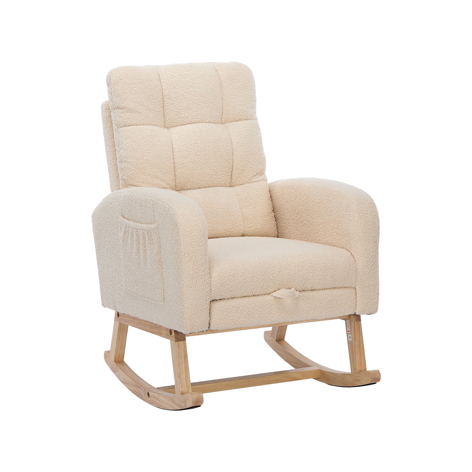 Fauteuil à bascule en velours teddy avec repose-pièds et accoudoirs - 132 x 50 x 99 cm - Structure en bois massif - Beige - 3