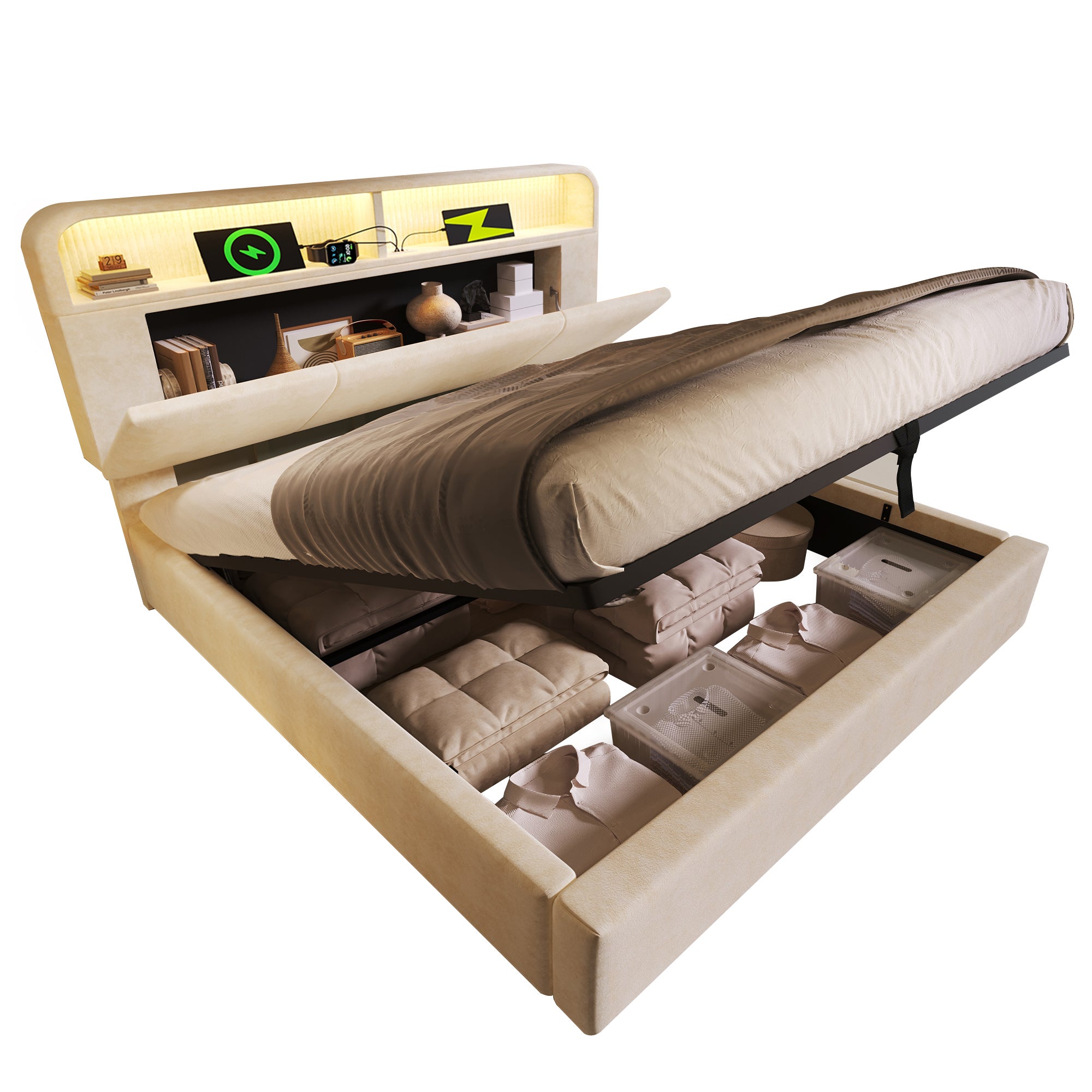 Lit coffre 140 x 190 cm avec tête de lit rangemnt - Velours - LEDs, charge USB/Type-C - Sommier à lattes - Beige (matelas non inclus) - 7