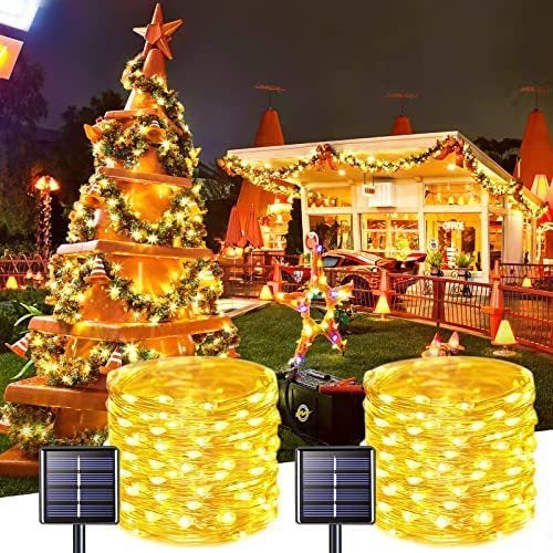 Guirlande lumineuse solaire d'extérieur, 2 x 20 m, 200 LED, étanche, lumière blanche chaude, 8 modes d'éclairage - 6