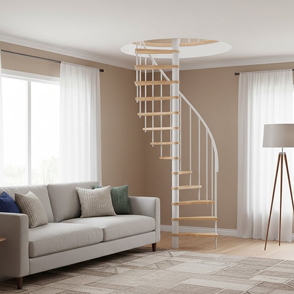 Escalier colimaçon 8 marches - Hauteur à franchir 1.71 à 2.12m - Structure blanche et marche hêtre - Diamètre 140cm - SUON140/BH-8 - 4