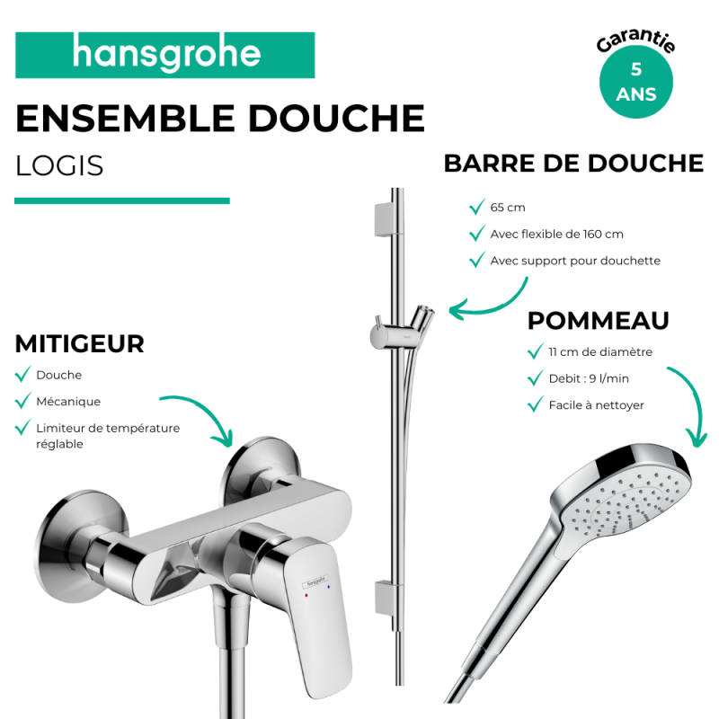 Pack mitigeur douche mécanique HANSGROHE Logis + Barre Unica S Puro + flexible + Pommeau Croma Select E blanc/chromé - 3
