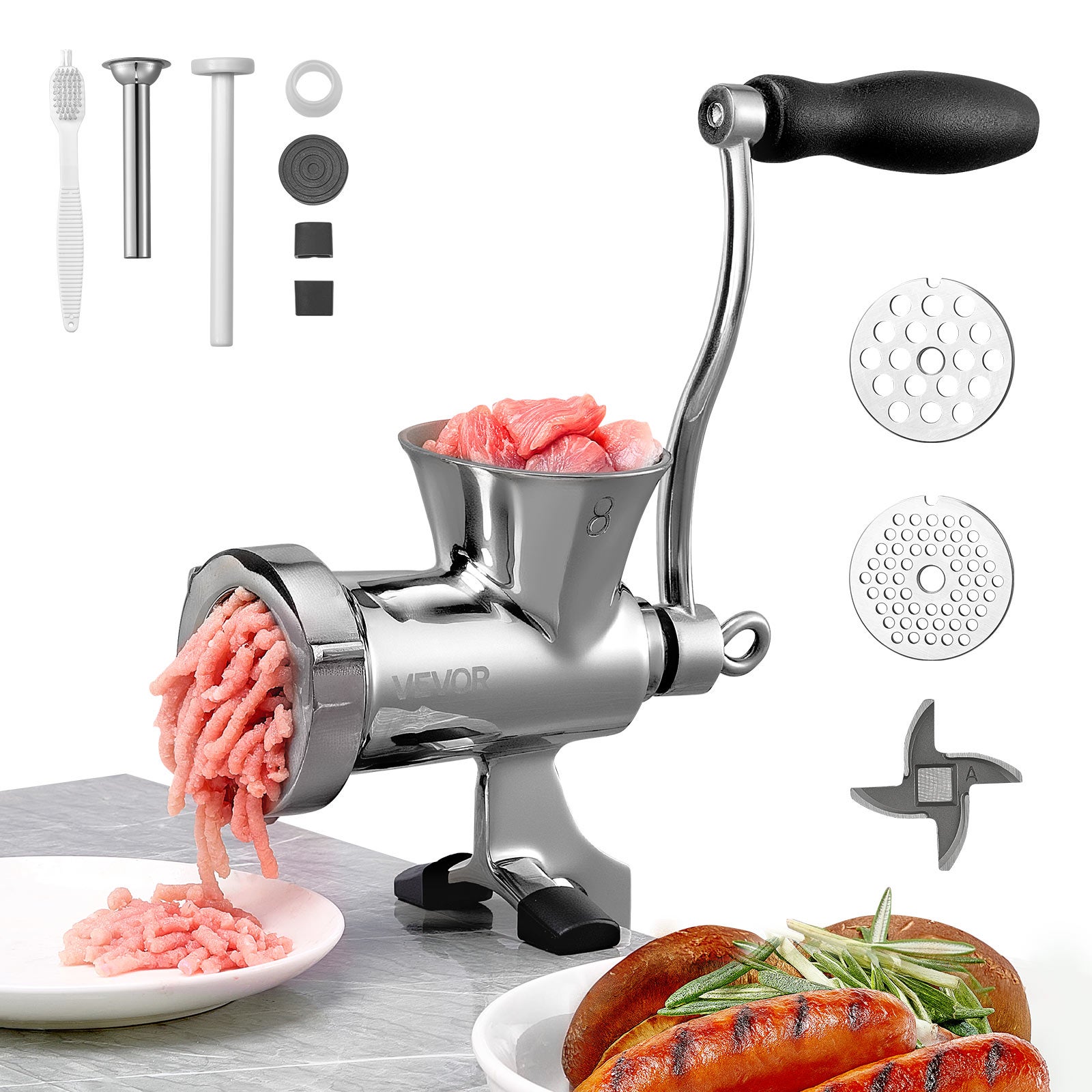 Picadora de carne manual inox vevor 304,con abrazadera,2 discos de corte y 1 tubo para salchichas,para res,cerdo,cocina casera