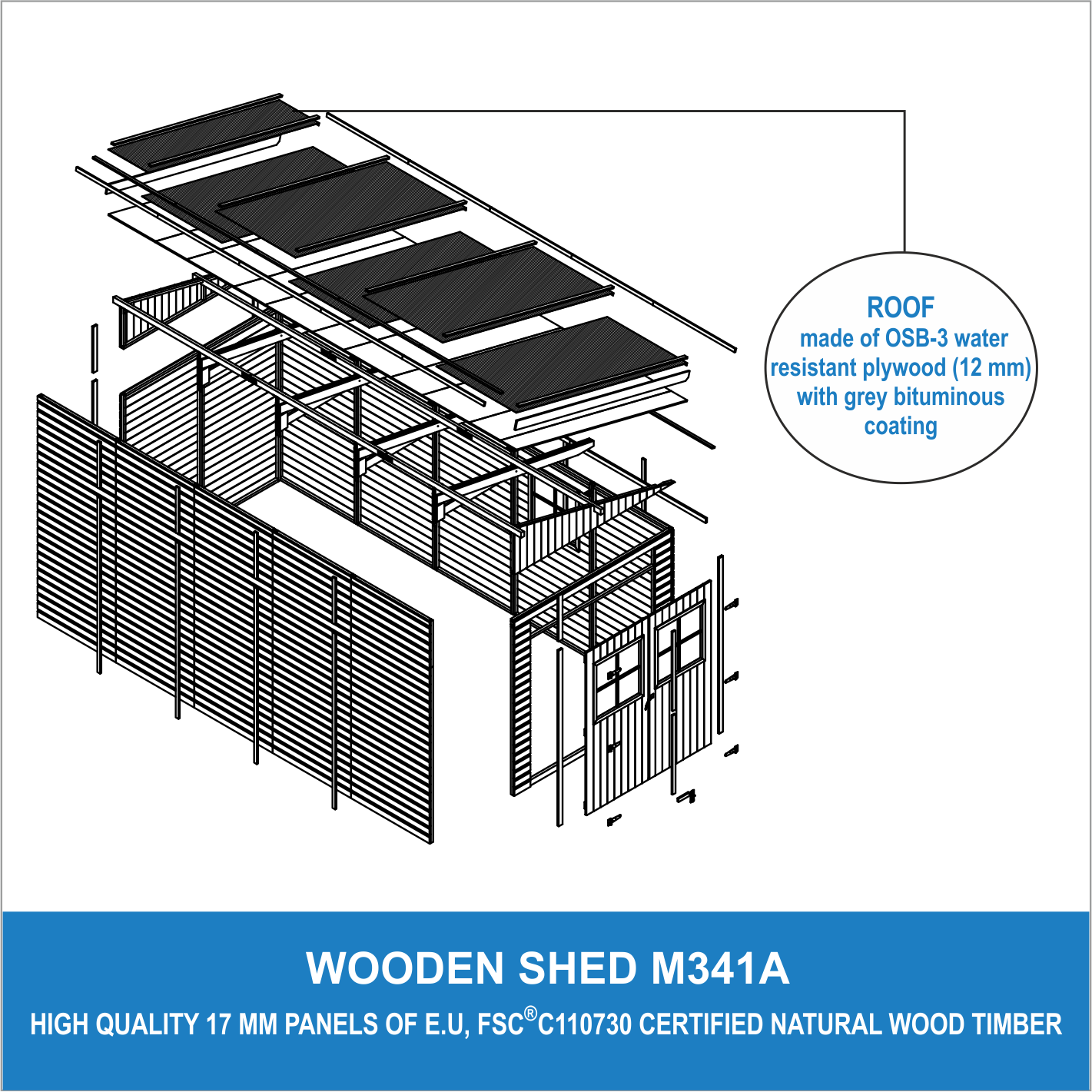 Cobertizo de madera para jardín CON PARED LATERAL – H244x216x514 cm/10.2m2 Cobertizo de madera natural - Taller de Jardín - TIMBELA M341A - 7
