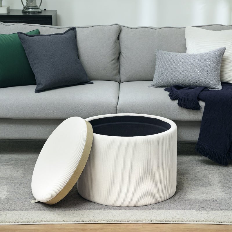 Pouf con Coperchio e Contenitore,Poggiapiedi Rotondo Imbottito,Tavolino Divano in Corda 56x56x42 cm Crema - 6