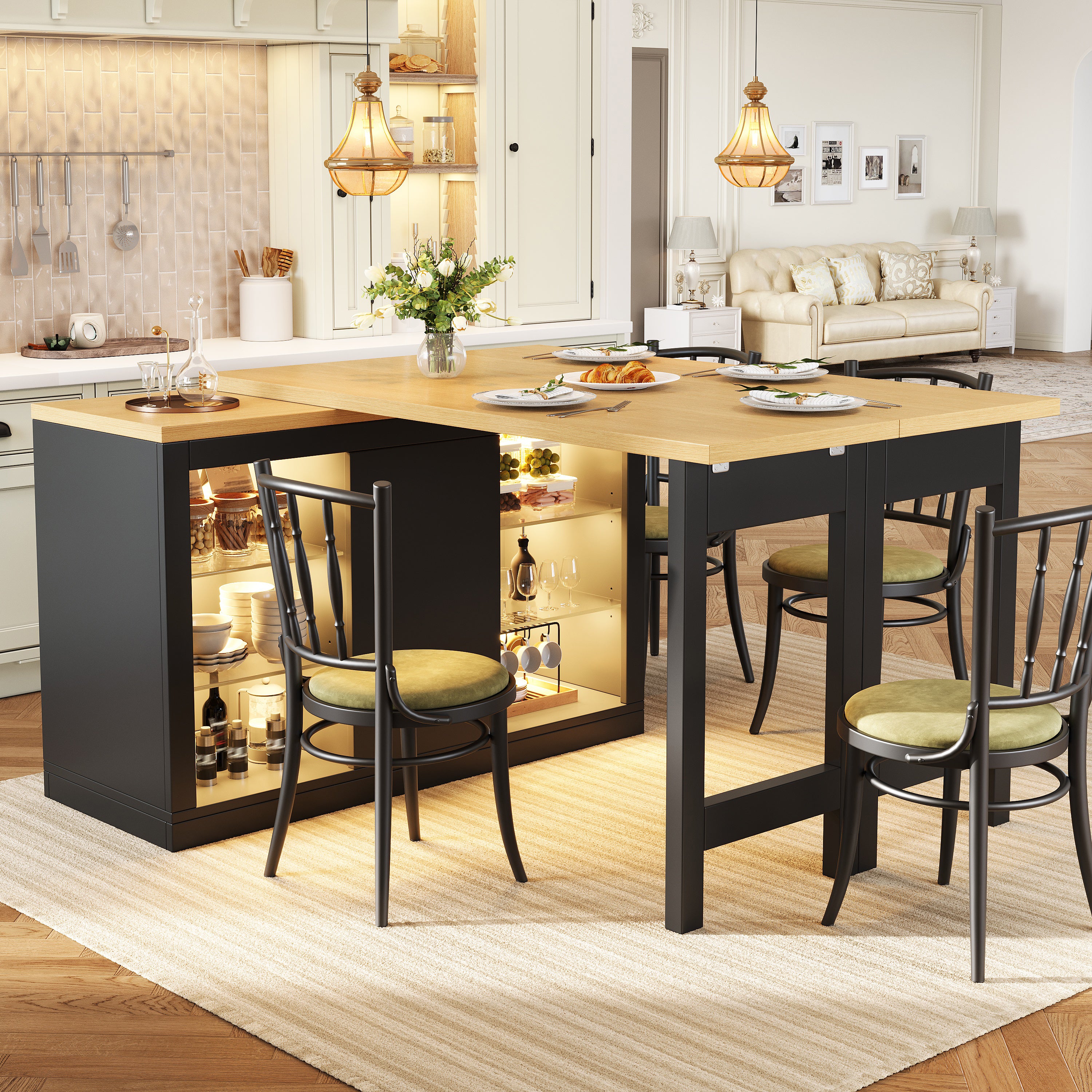 Table de cuisine îlot extensible 120-197x40x72 cm, rotation 360°, avec LED RGB, portes magnétiques, étagères en verre, MDF, Noir - 3