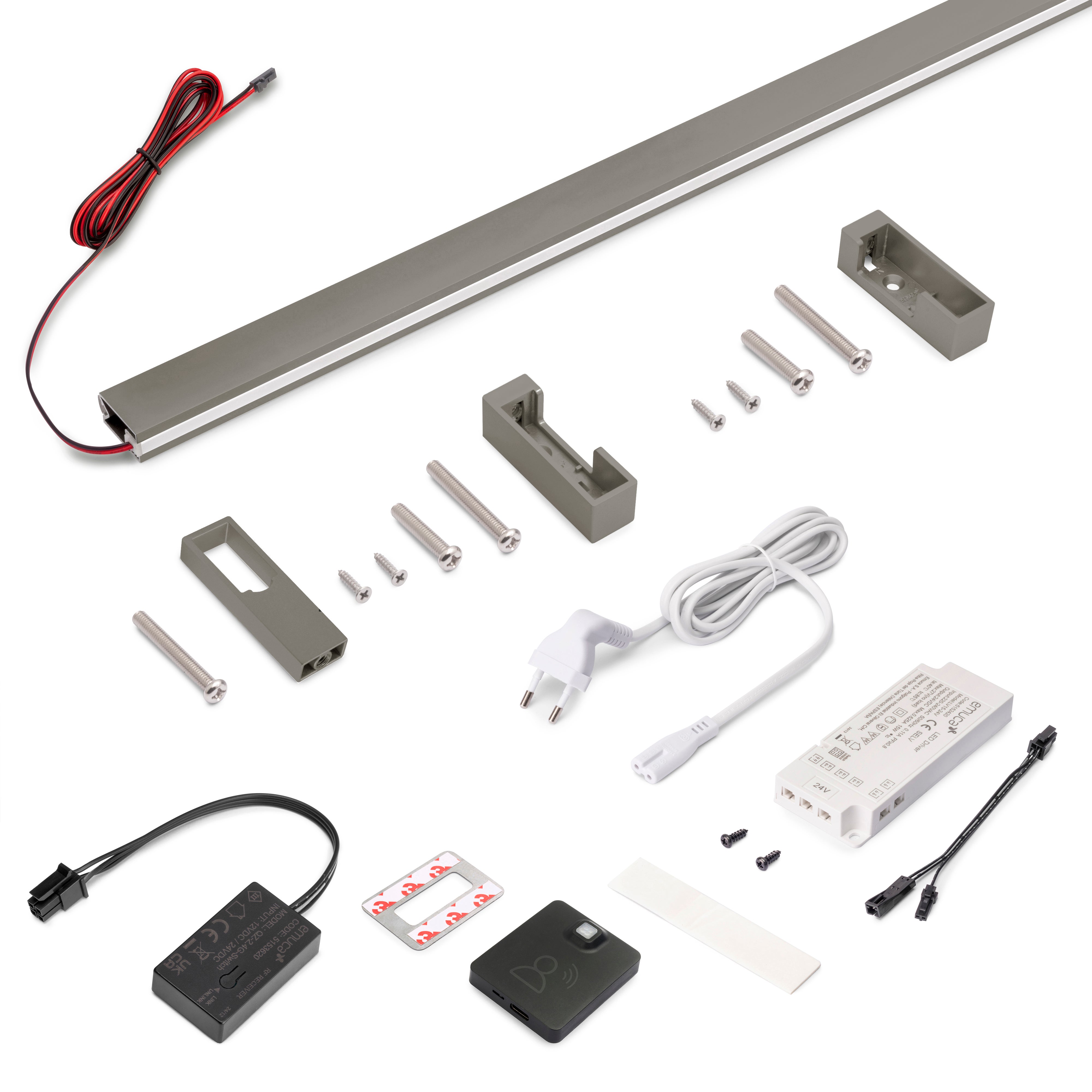 Emuca Zestaw do szafek Luxe, taśma LED 4,5x8 Neonlynx V, czujnik ruchu RF Smart i konwerter Smart (24V DC), długość 1.150mm, Światło białe ciepłe
