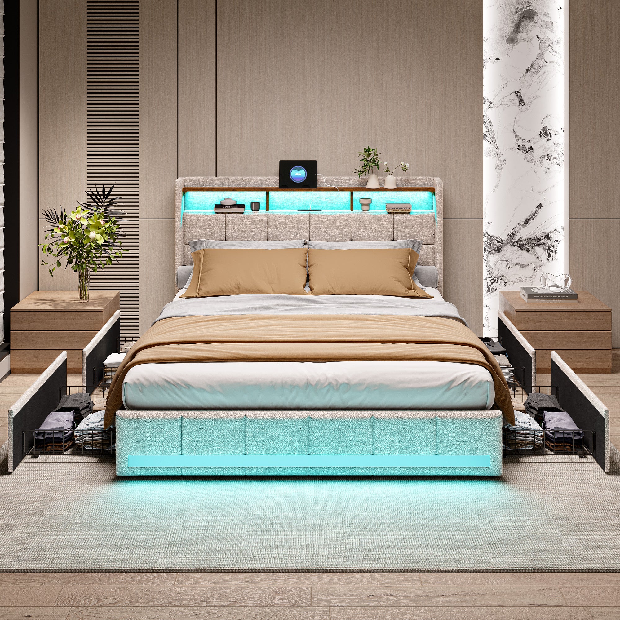 Lit Coffre 160x200 Avec Rangement, Sommier à Lattes Et LED - Cadre De Lit 2 Personnes Velours Beige - Port USB Et Type-C Intégrés
