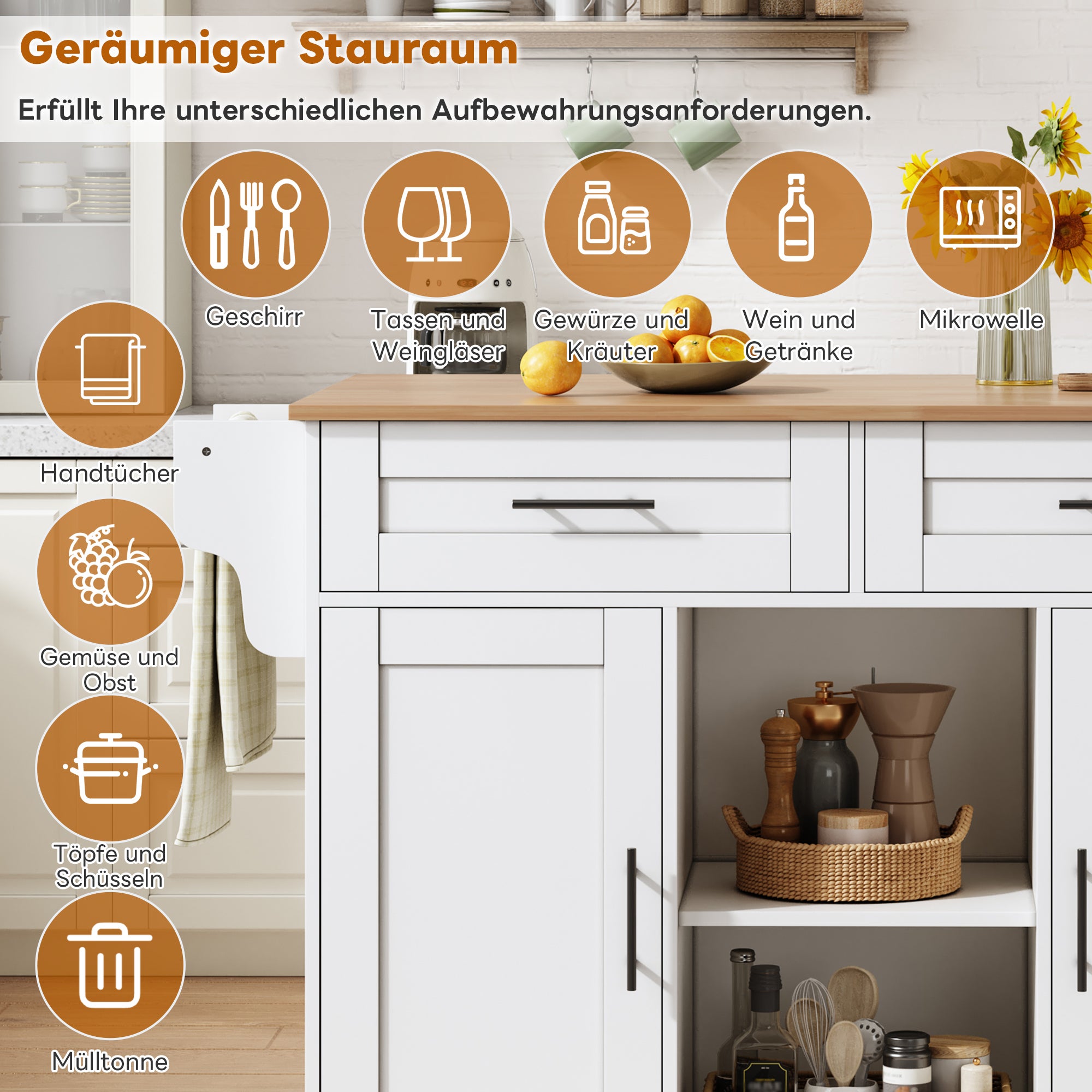 Ilot central de cuisine mobile 145 x 45 x 94,5 cm, Plateau extensible 70 cm,&nbsp;chariot multifonction avec 2 tiroir et 2 porte, porte-serviettes, Blanc - 3