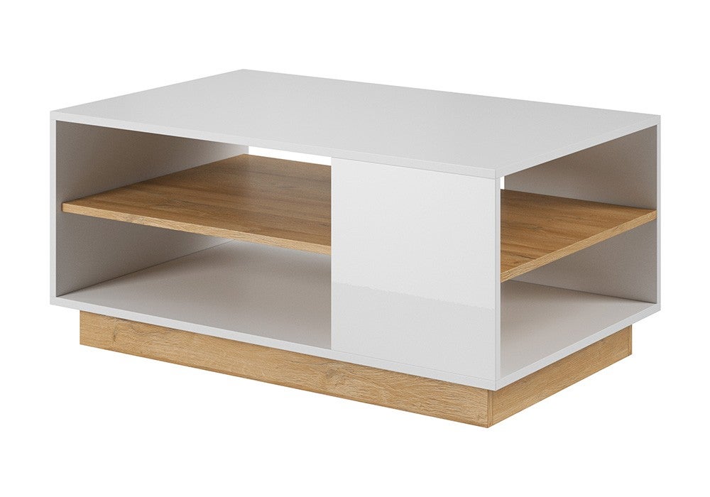 Designerski funkcjonalny stolik kawowy ALTO biały z akcentami dąb grandson do pokoju dziennego