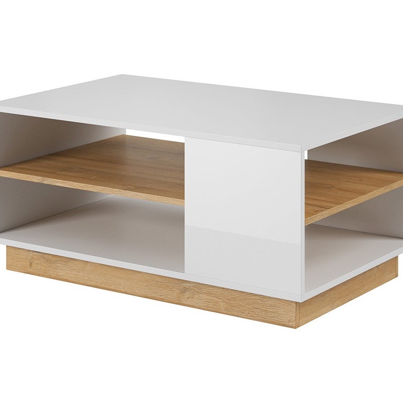 Designerski funkcjonalny stolik kawowy ALTO biały z akcentami dąb grandson do pokoju dziennego