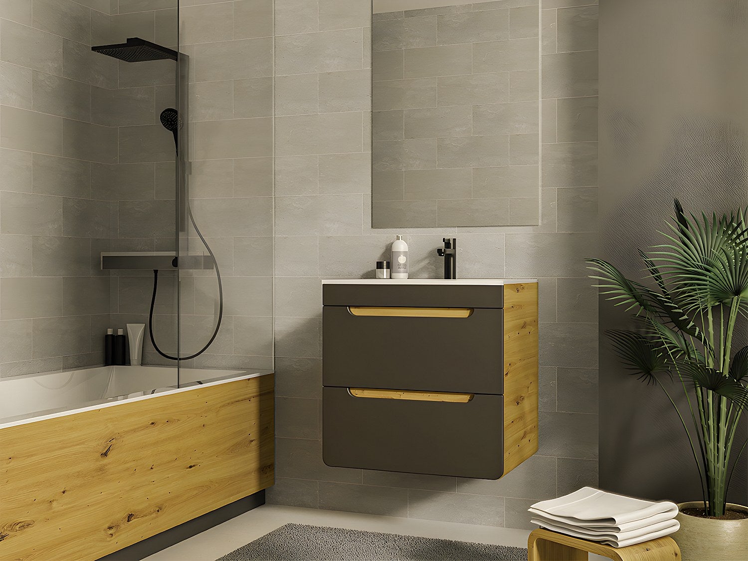 Szafka łazienkowa wisząca z umywalką w zabudowie - Kolory naturalny i antracytowy - 60 cm - ARUBA