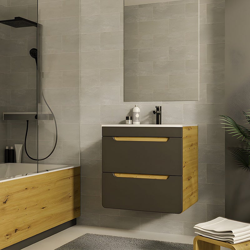 Szafka łazienkowa wisząca z umywalką w zabudowie - Kolory naturalny i antracytowy - 60 cm - ARUBA