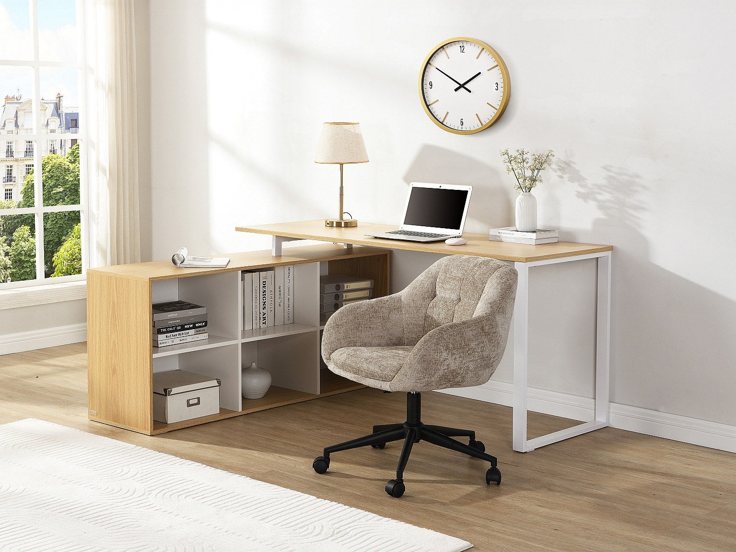 Narożne biurko z miejscami do przechowywania - MDF - Białe i naturalne - NIPILI