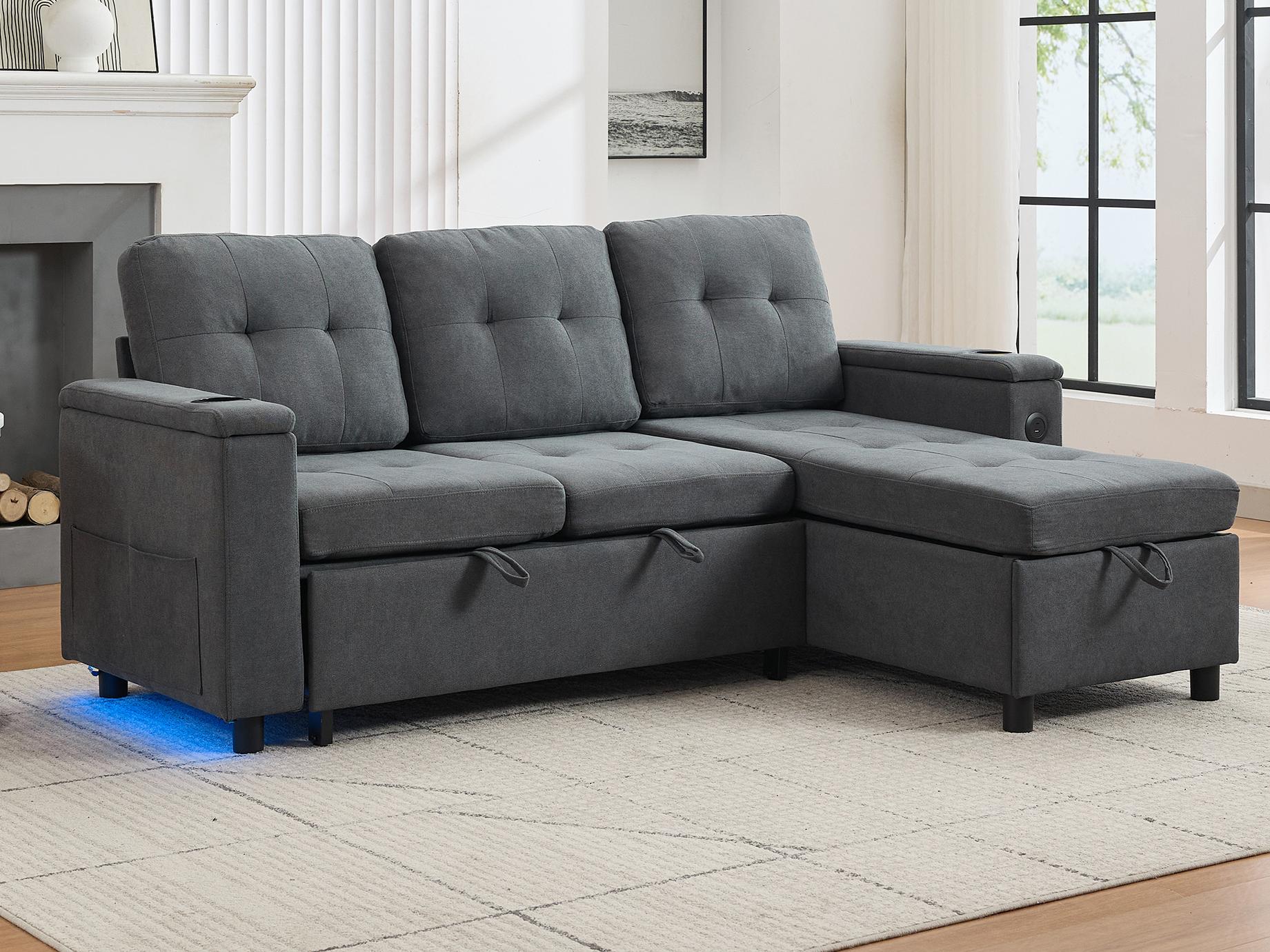 Sofa narożna 3-osobowa 208x146x89,5 cm - składana - z oświetleniem LED - z uchwytem na kubek i torbą do przechowywania - szara