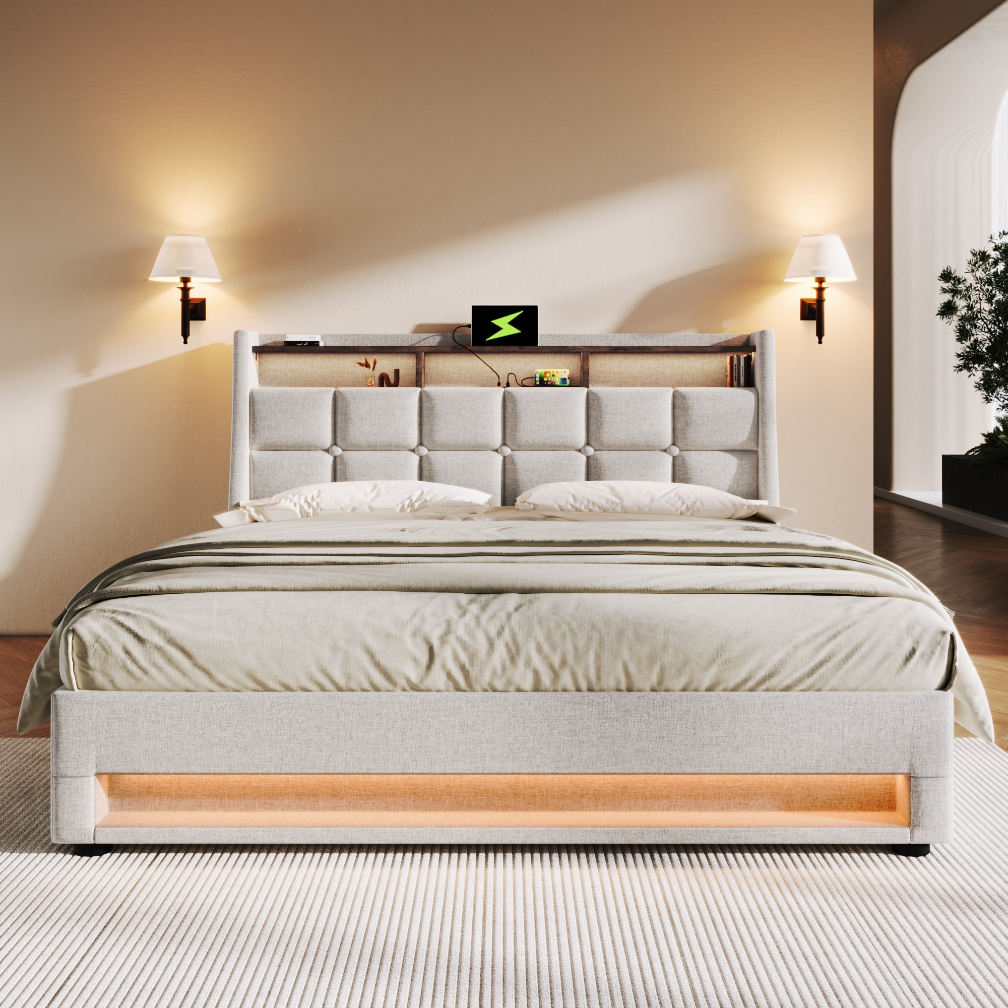 Cama con almacenaje de lino 160x200 cm con LED y puertos USB - somier - beige - 4
