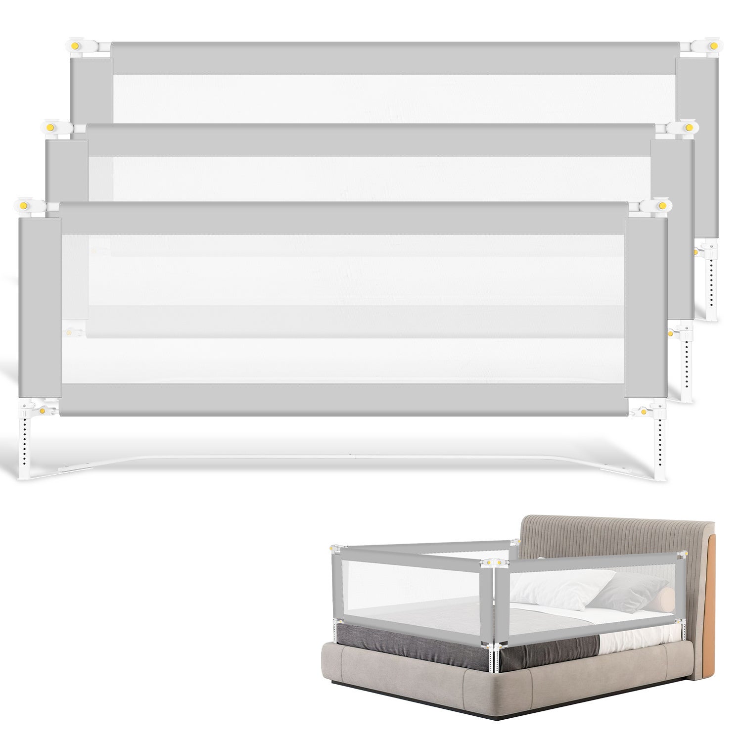 Barrera de cama para niños, barrera de seguridad para cunas con bloqueo anticaída, barrera ajustable en altura, rieles ajustables - 180+200+200 cm
