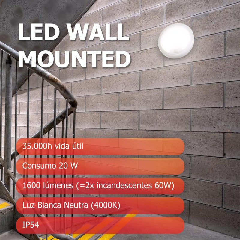 Aplique de pared LED, 22cm de diámetro y 8,8cm de altura, 4000K, 20W, No regulable, 1600 Lúmenes, CRI80, IP54, IK06, 35.000 h de Vida Útil - PILA - 4